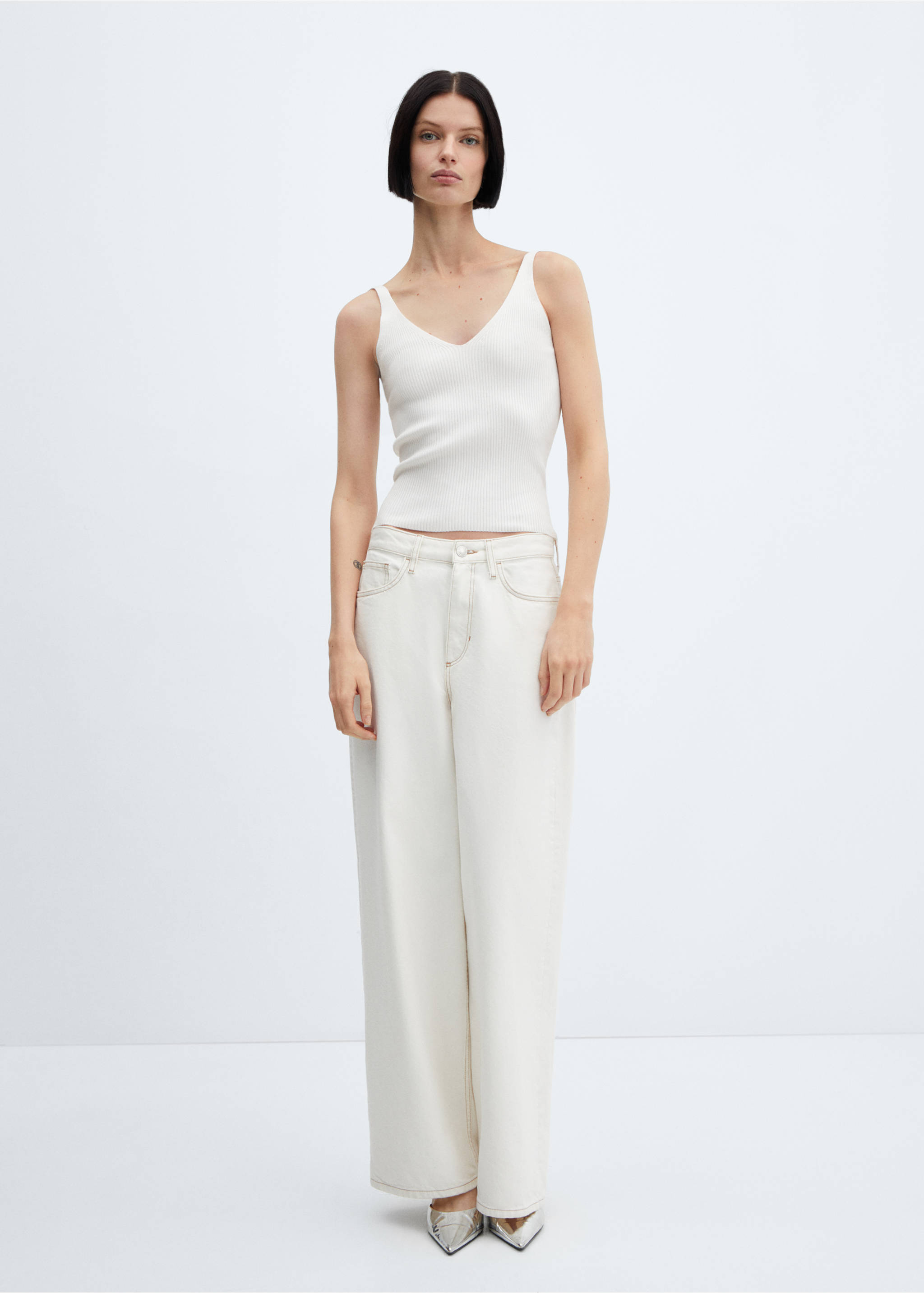 Strick-Top mit V-Ausschnitt - Allgemeine Ansicht, Ecru. Ref: 67080466-00.