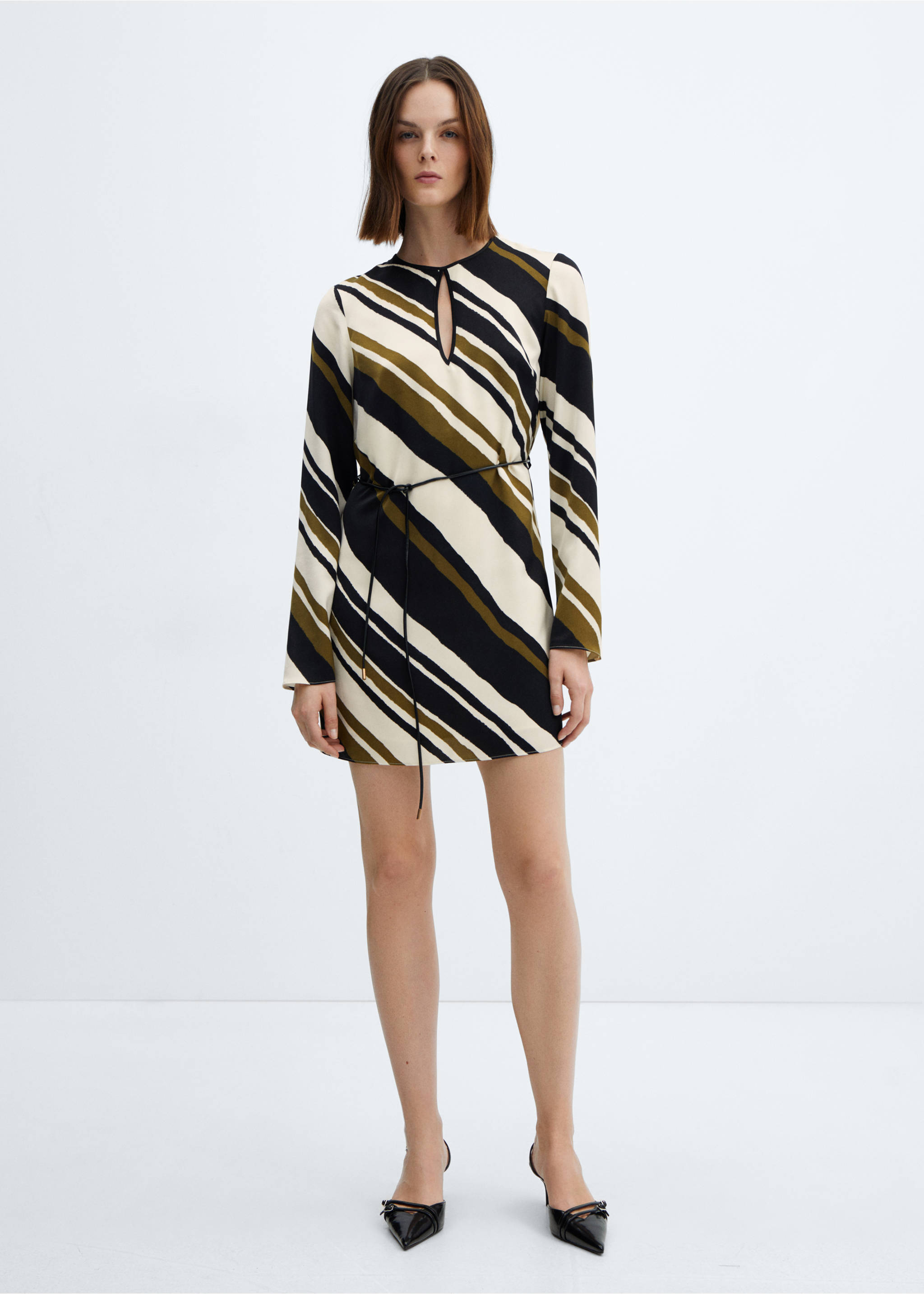 Rochie cu dungi cu curea - Plan general, Negru. Ref: 67084035-00.