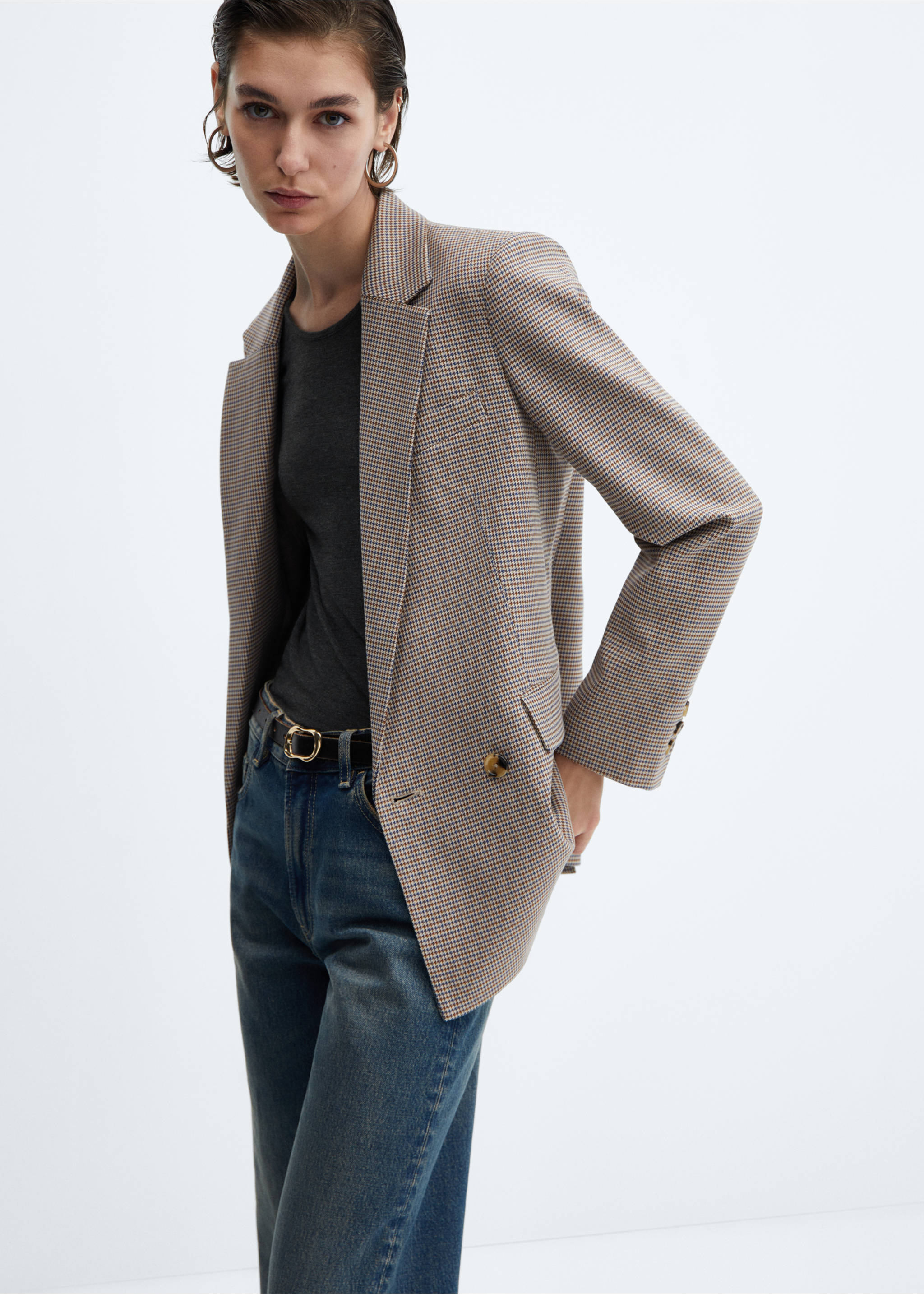 Hahnentritt-Blazer aus Woll-Mix - Mittlere Ansicht, Beige. Ref: 67084044-00.