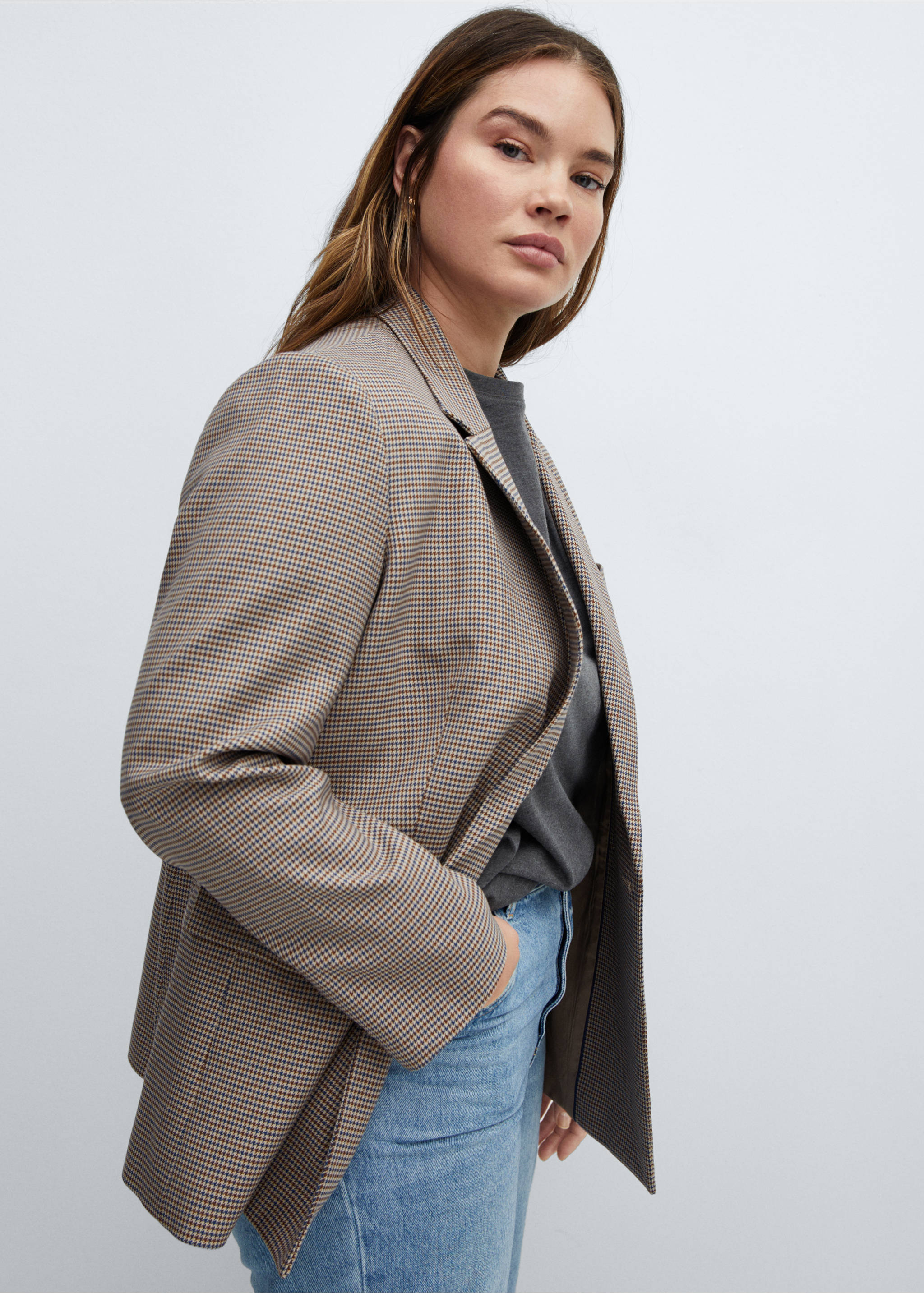 Hahnentritt-Blazer aus Woll-Mix - Detail des Artikels 4, Beige. Ref: 67084044-00.