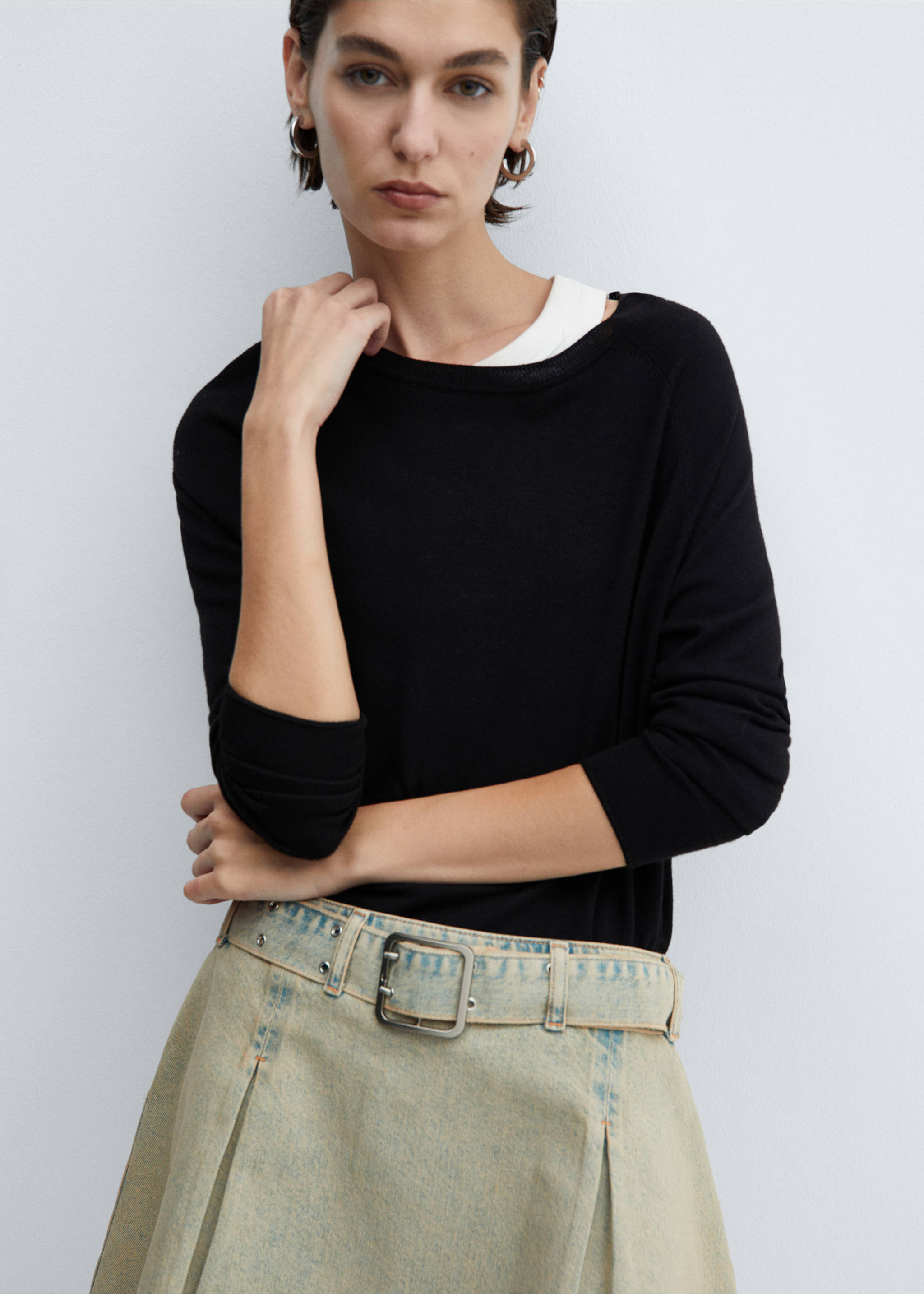 Denim mini-skirt with belt - Details of the article 1, Medium Vintage Blue. Ref: 67084060-00.