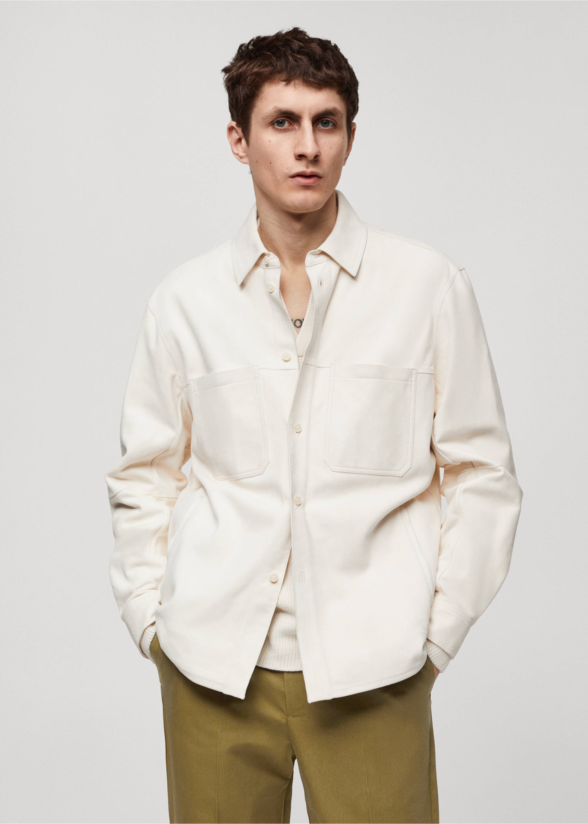 100% leather overshirt with pockets - Medium plane, Ecru. Ref: 67085137-00.