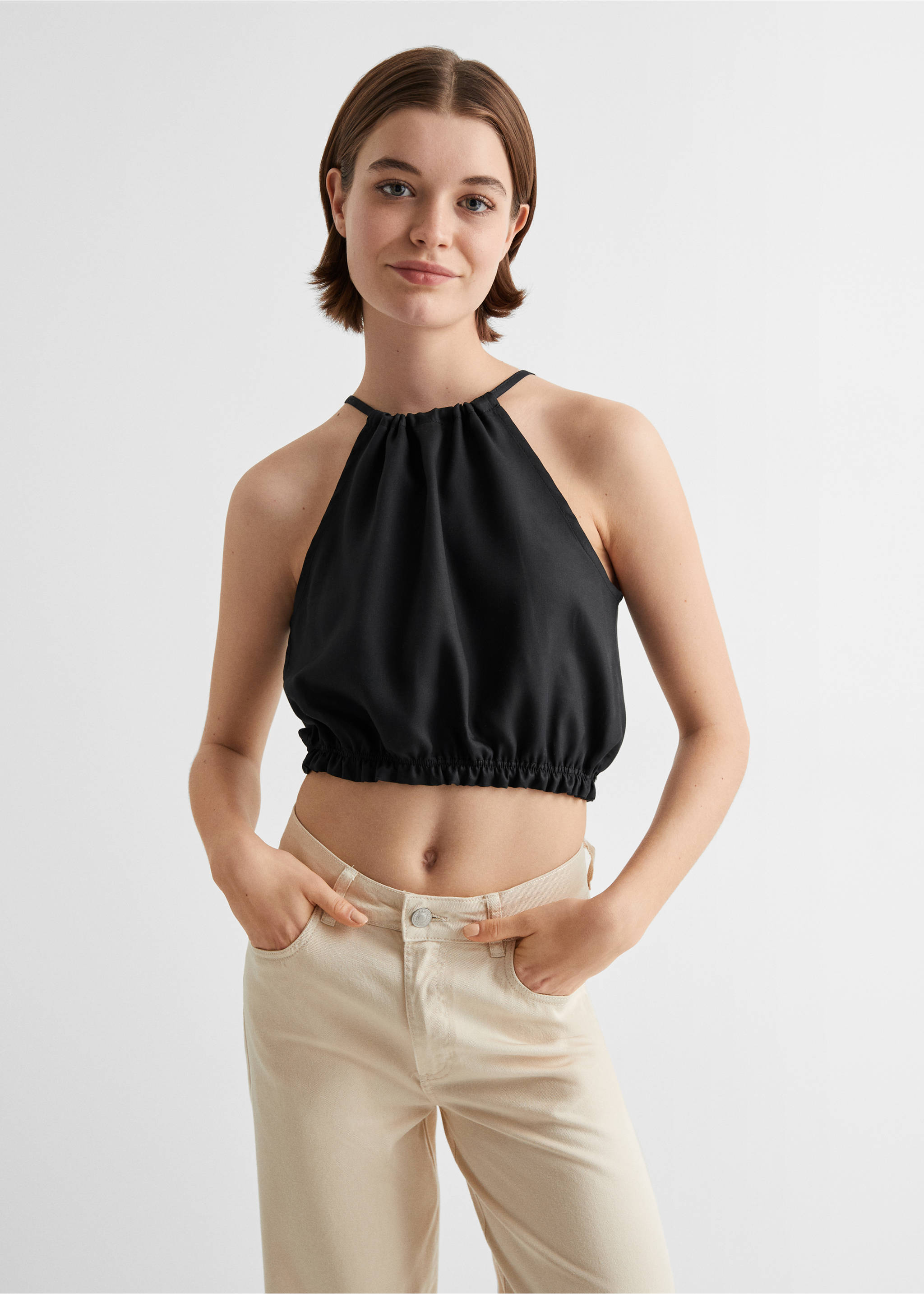 Draped crop top - Medium plane, Black. Ref: 67085153-00.