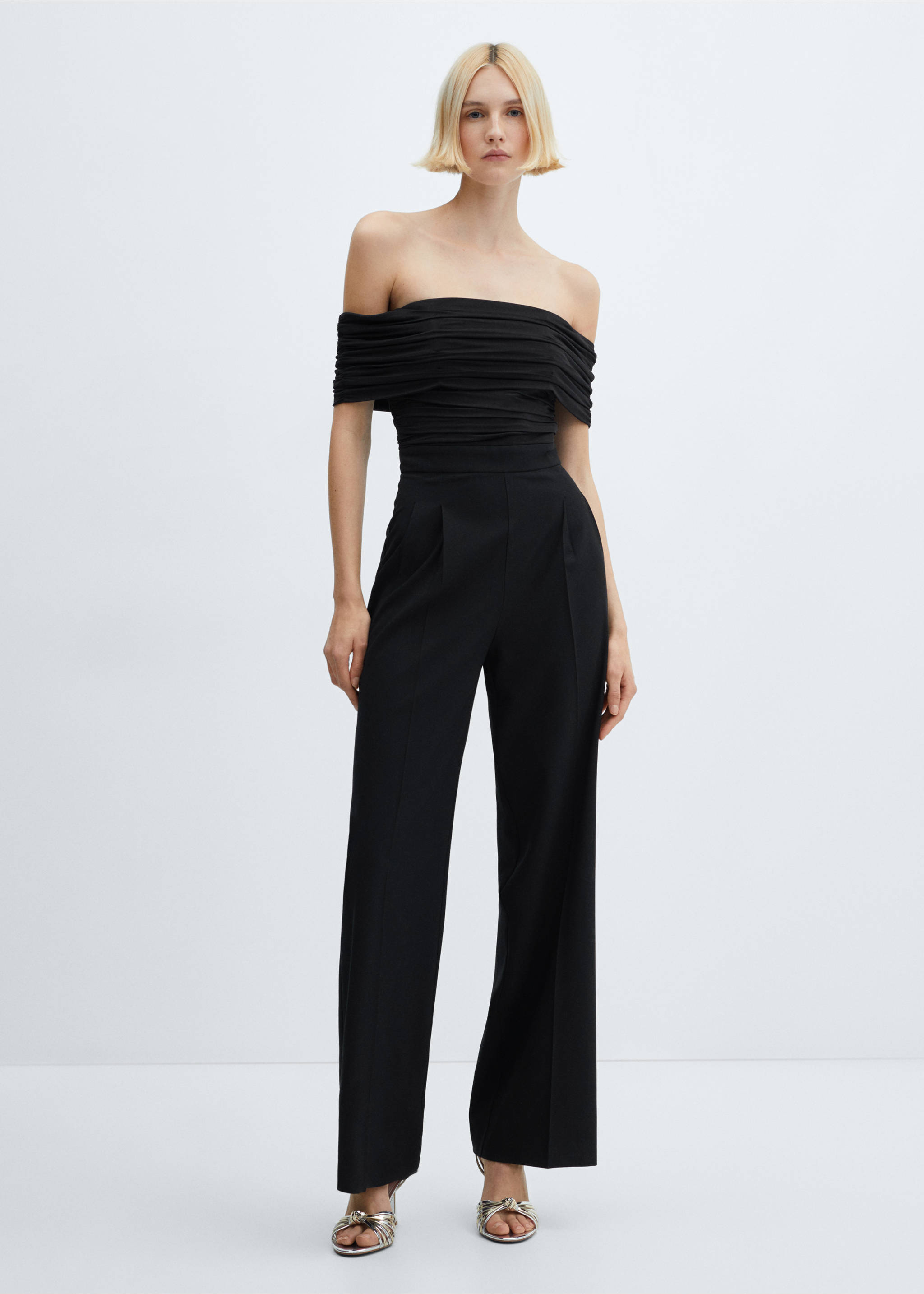 Off-the-shoulder jumpsuit with gathered detail - General plane, Black. Ref: 67086342-00.