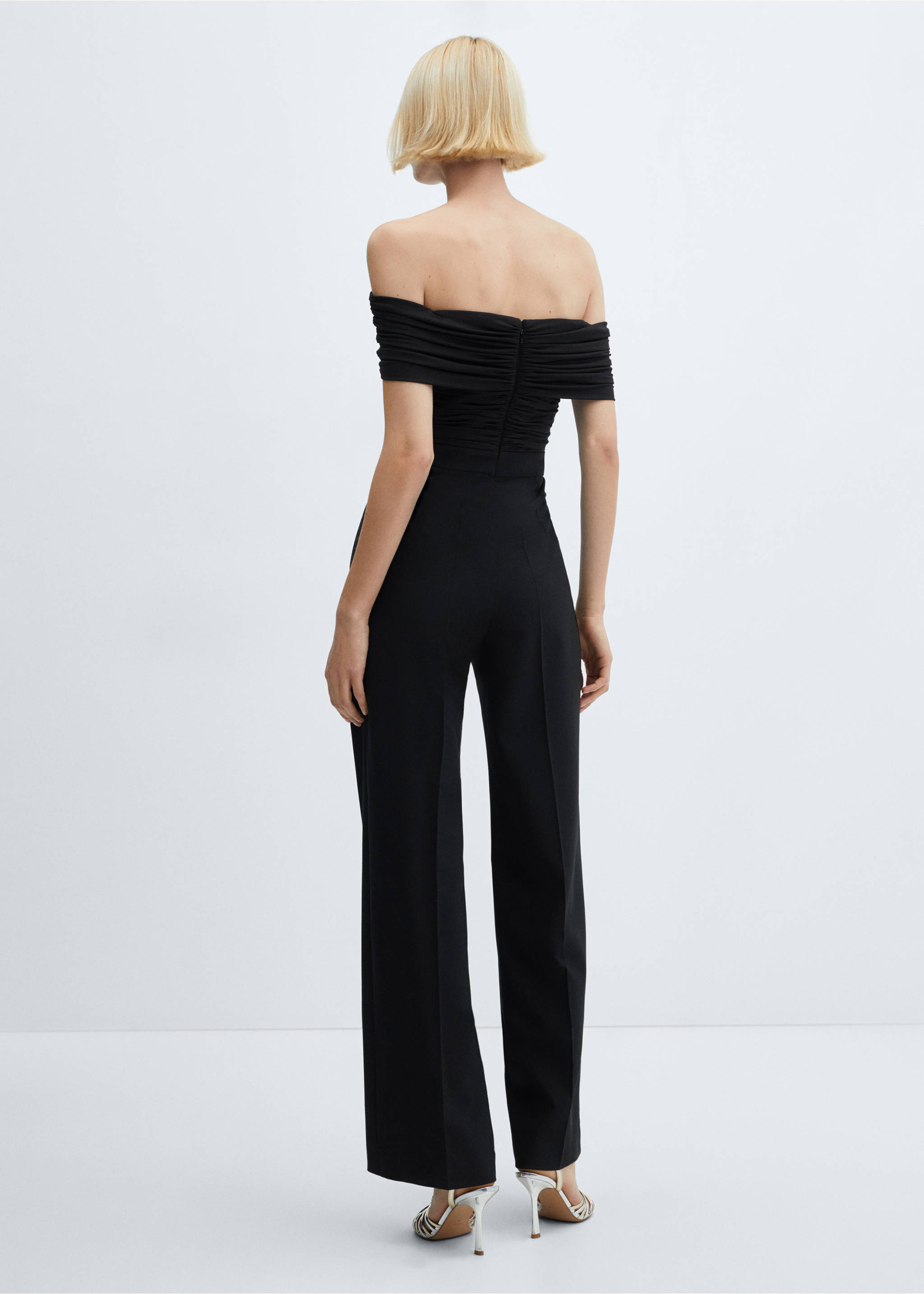 Off-the-shoulder jumpsuit with gathered detail - Reverse of the article, Black. Ref: 67086342-00.