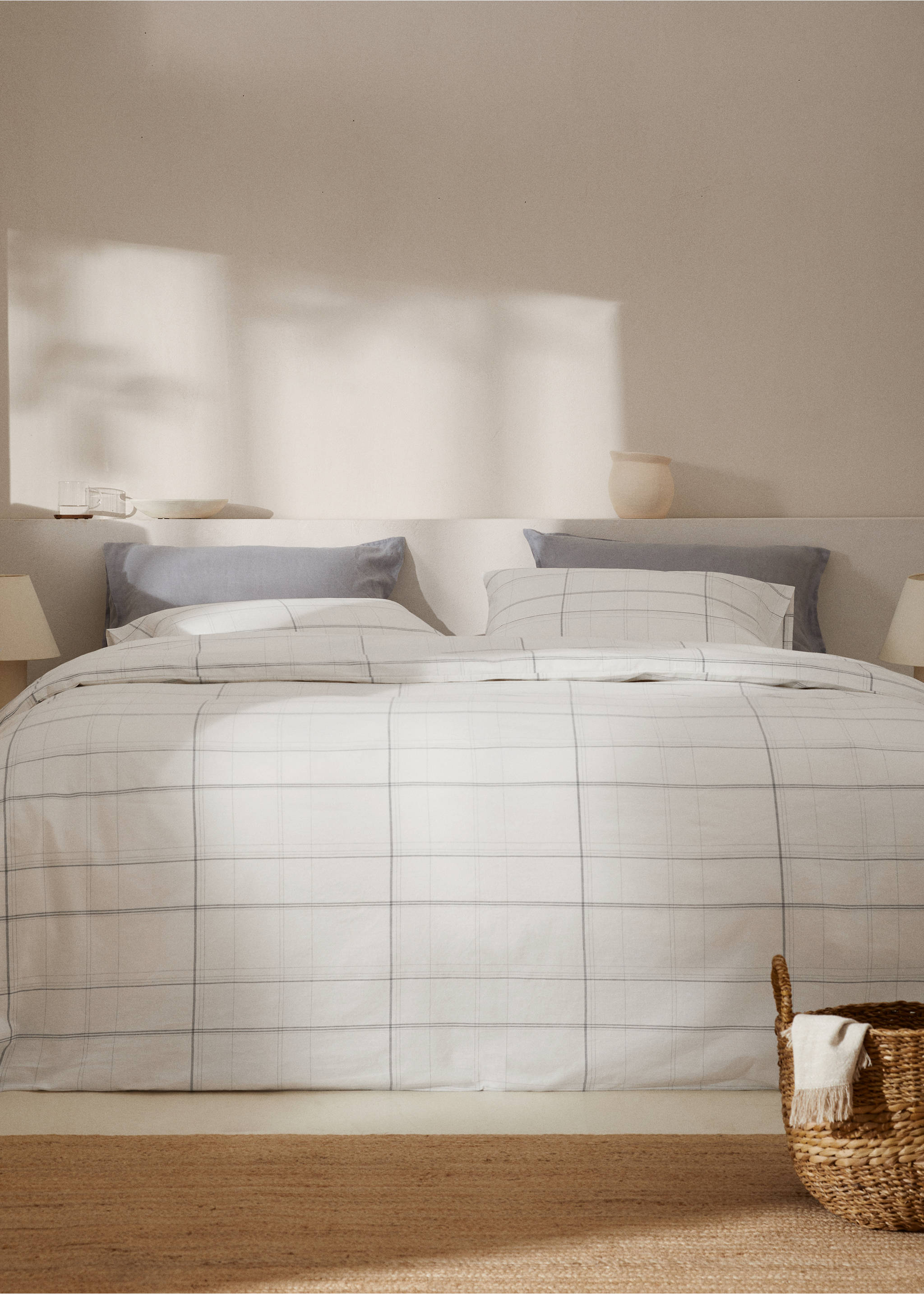 Striped cotton linen duvet cover for king bed - General plane, White. Ref: 67087694-00.