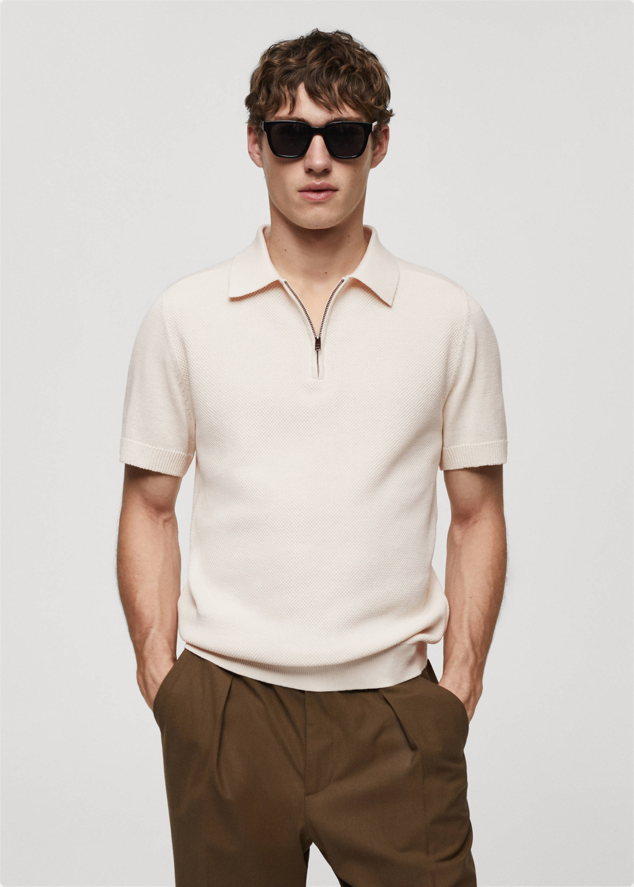 Cotton-knit polo shirt with zip - Medium plane