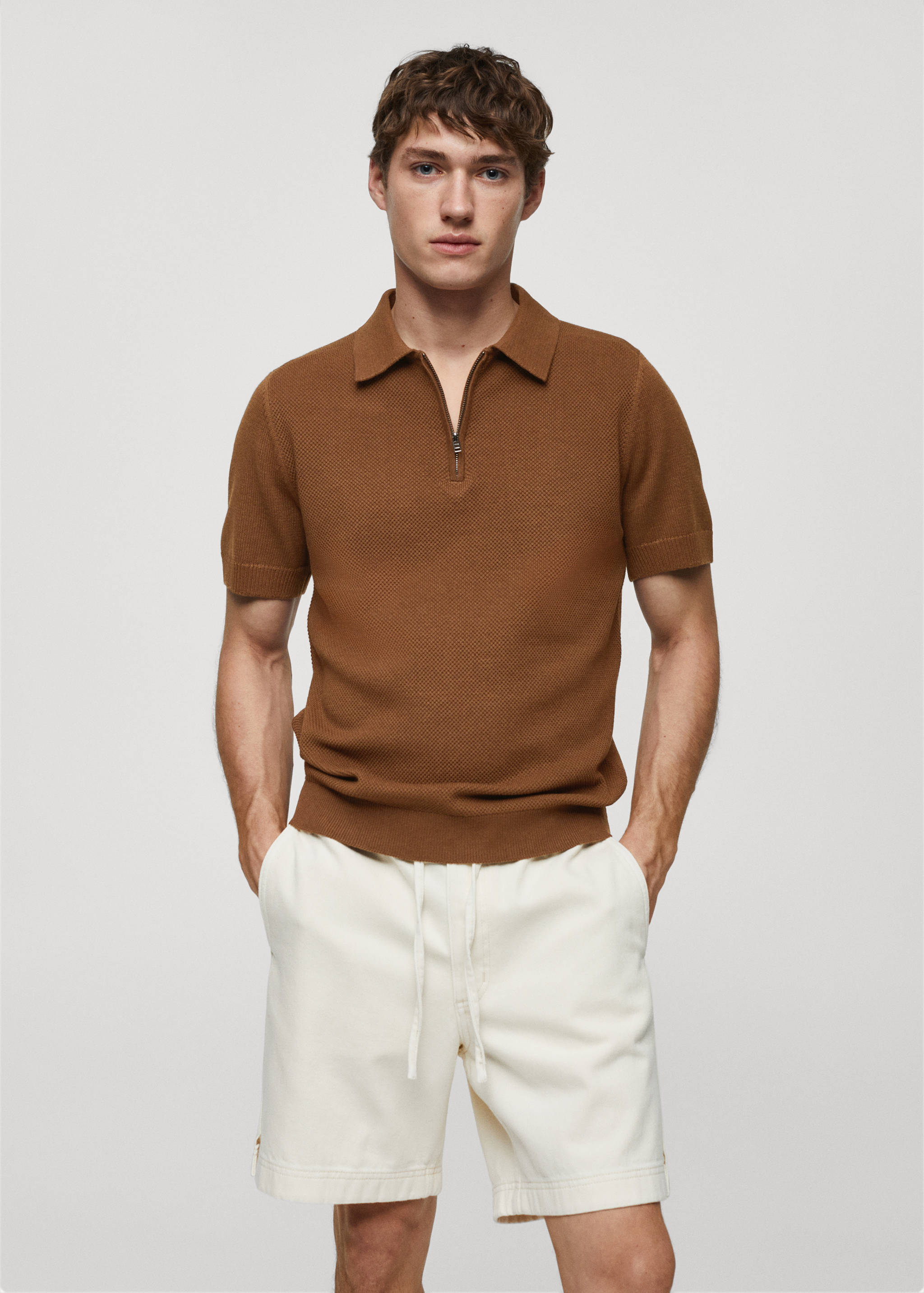 Cotton-knit polo shirt with zip - Medium plane