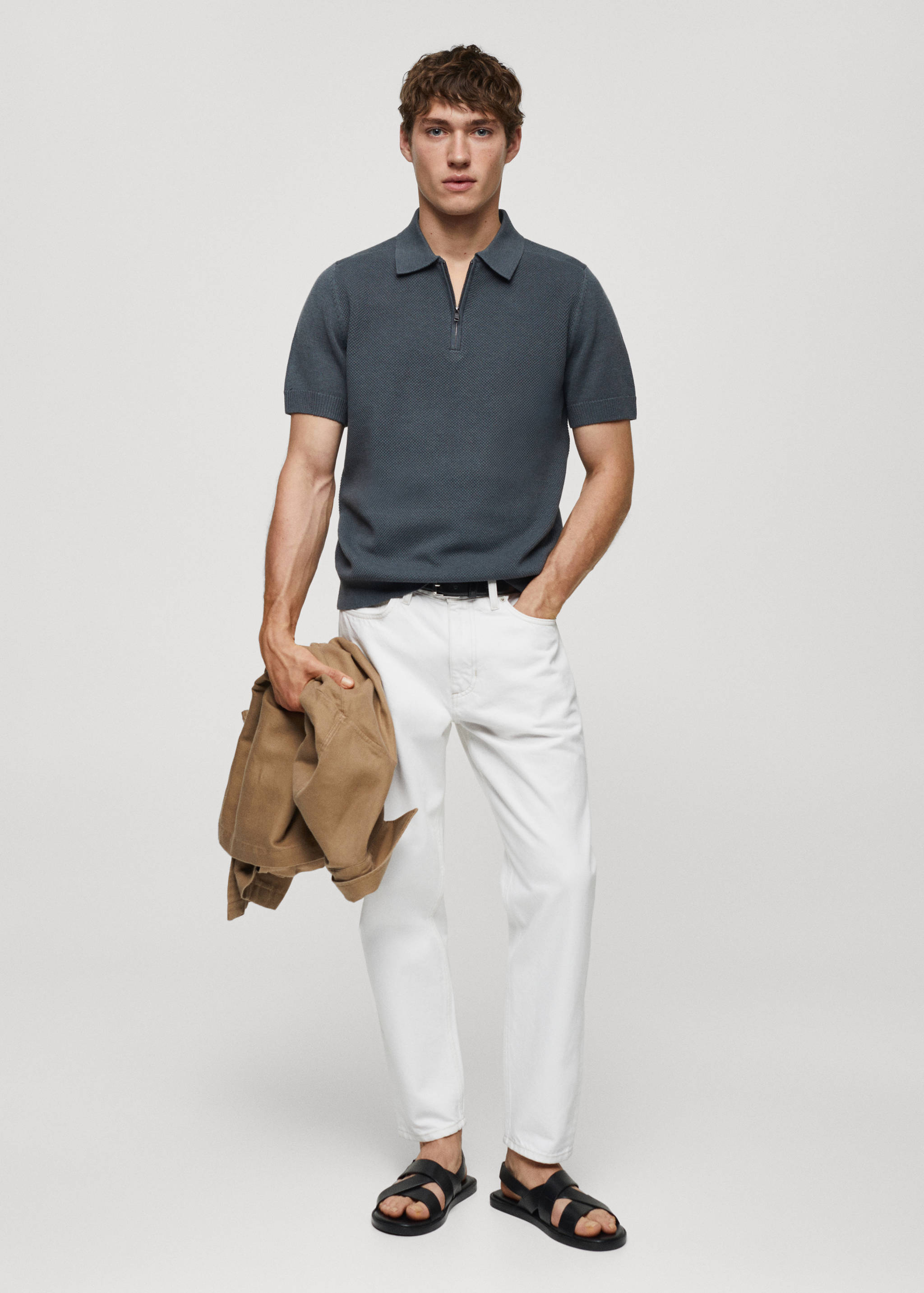 Cotton-knit polo shirt with zip - General plane