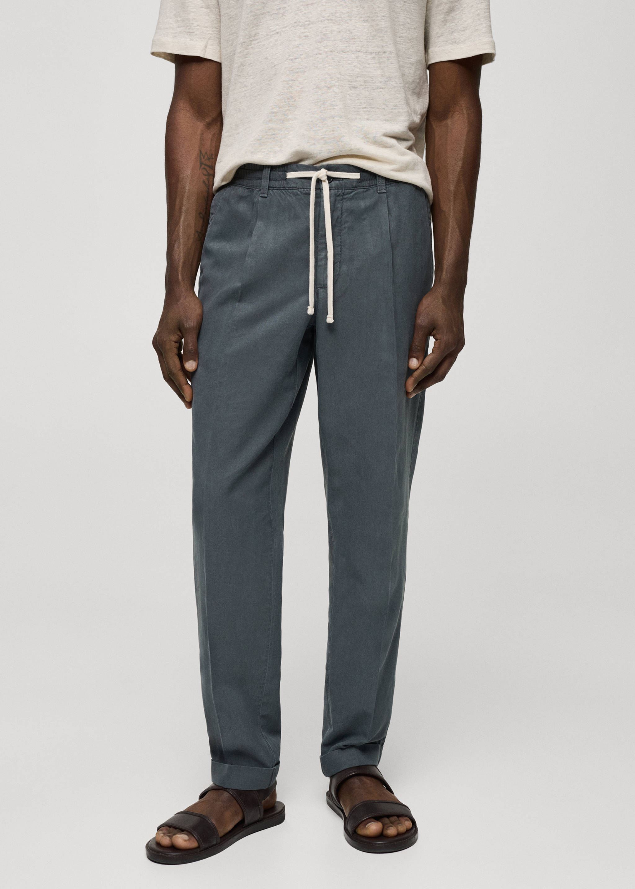 Linen-blend slim-fit pants with drawstring - Medium plane