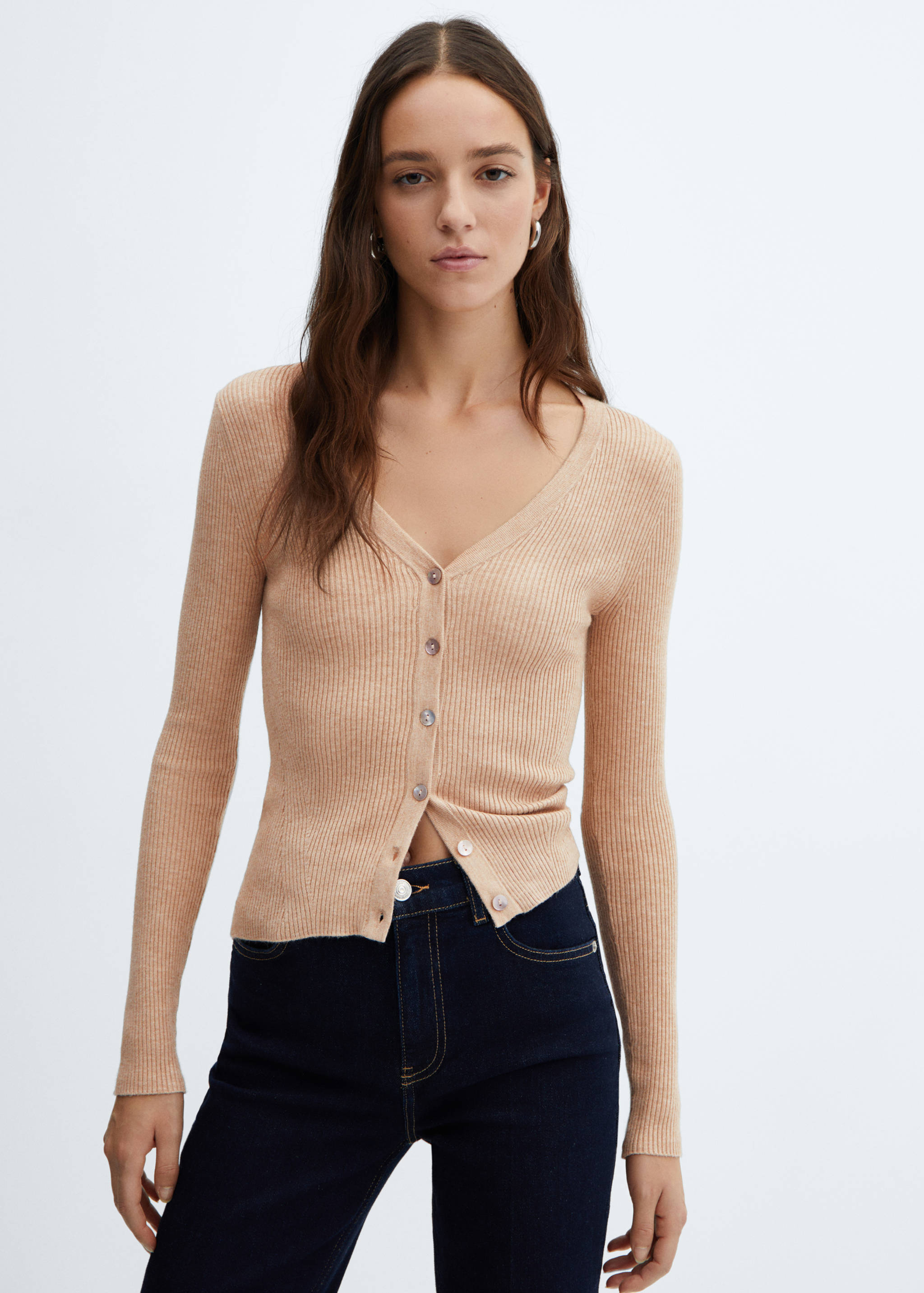 Žebrovaný kardigan s výstřihem do V - Náhled ve středové rovině