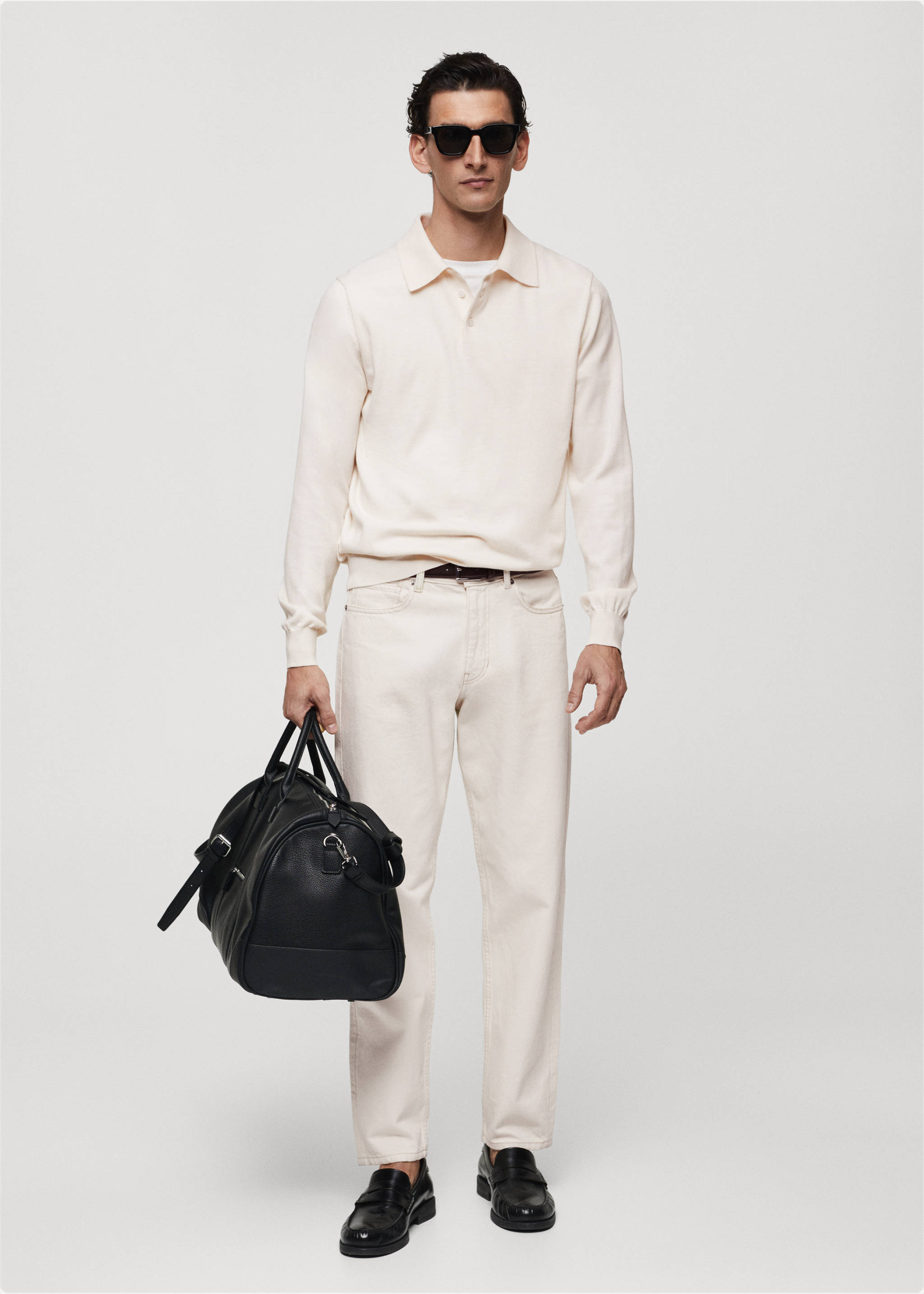 Long-sleeved cotton jersey polo shirt - General plane, Ecru. Ref: 67090644-00.