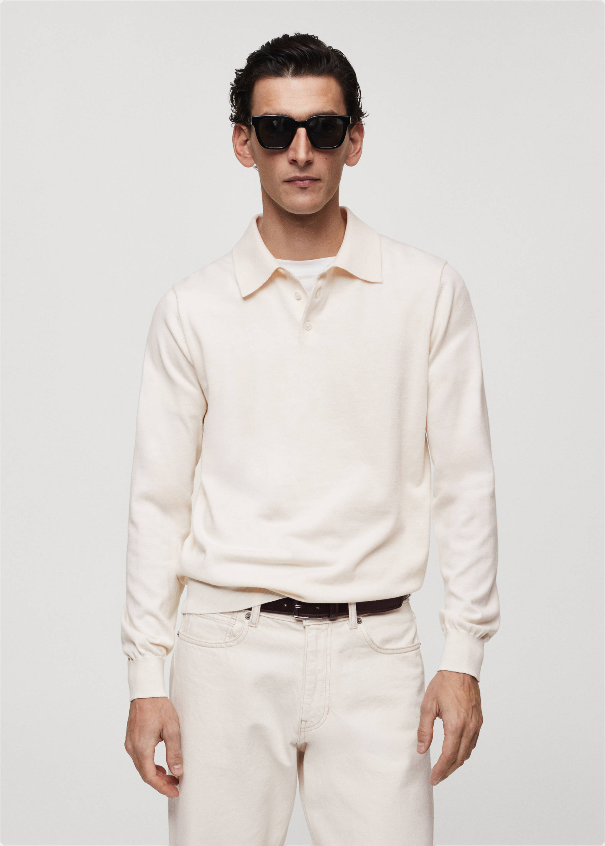 Long-sleeved cotton jersey polo shirt - Medium plane, Ecru. Ref: 67090644-00.
