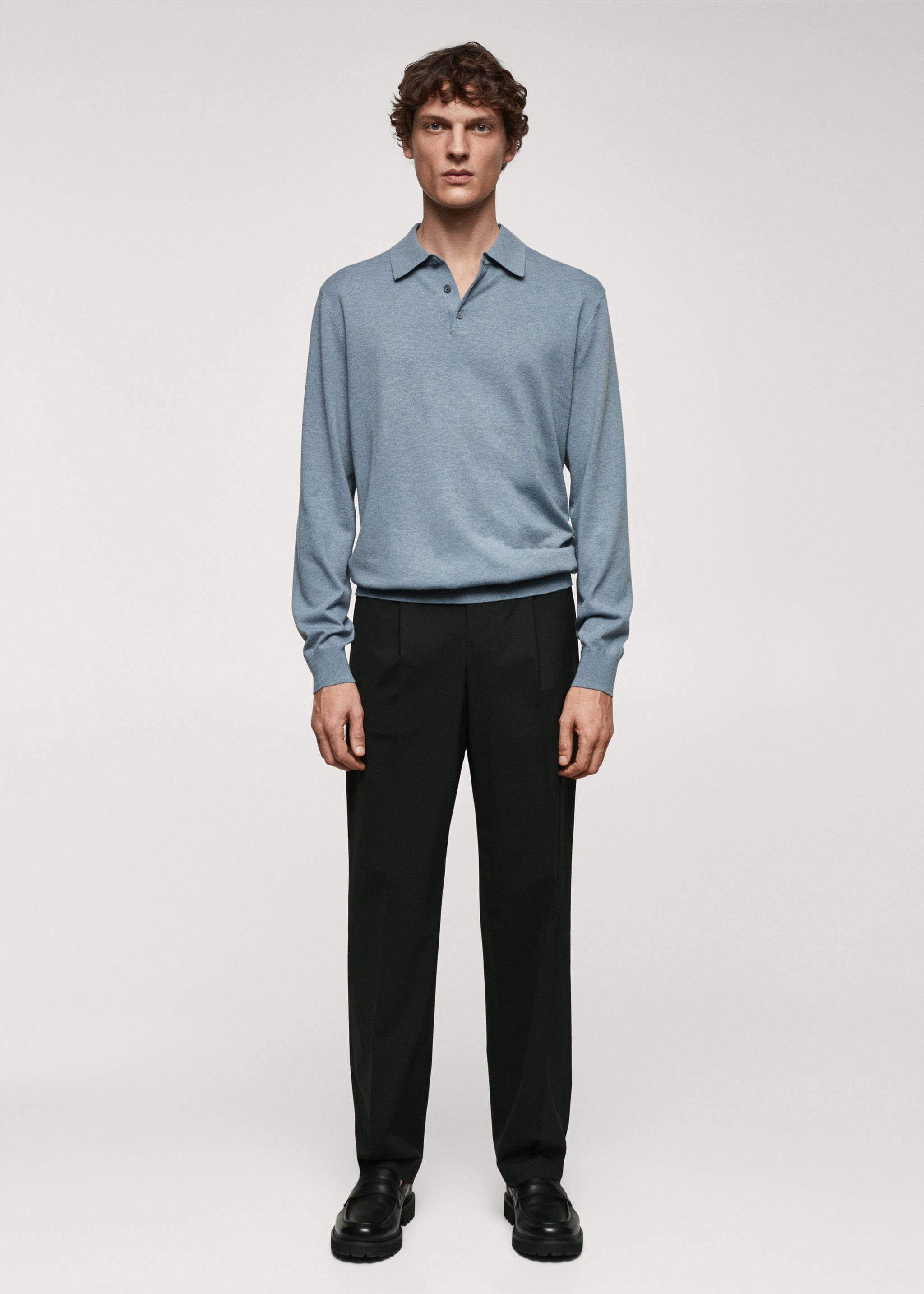 Polo maille coton manches longues - Plan général, Bleu porcelaine. Ref: 67090644-00.