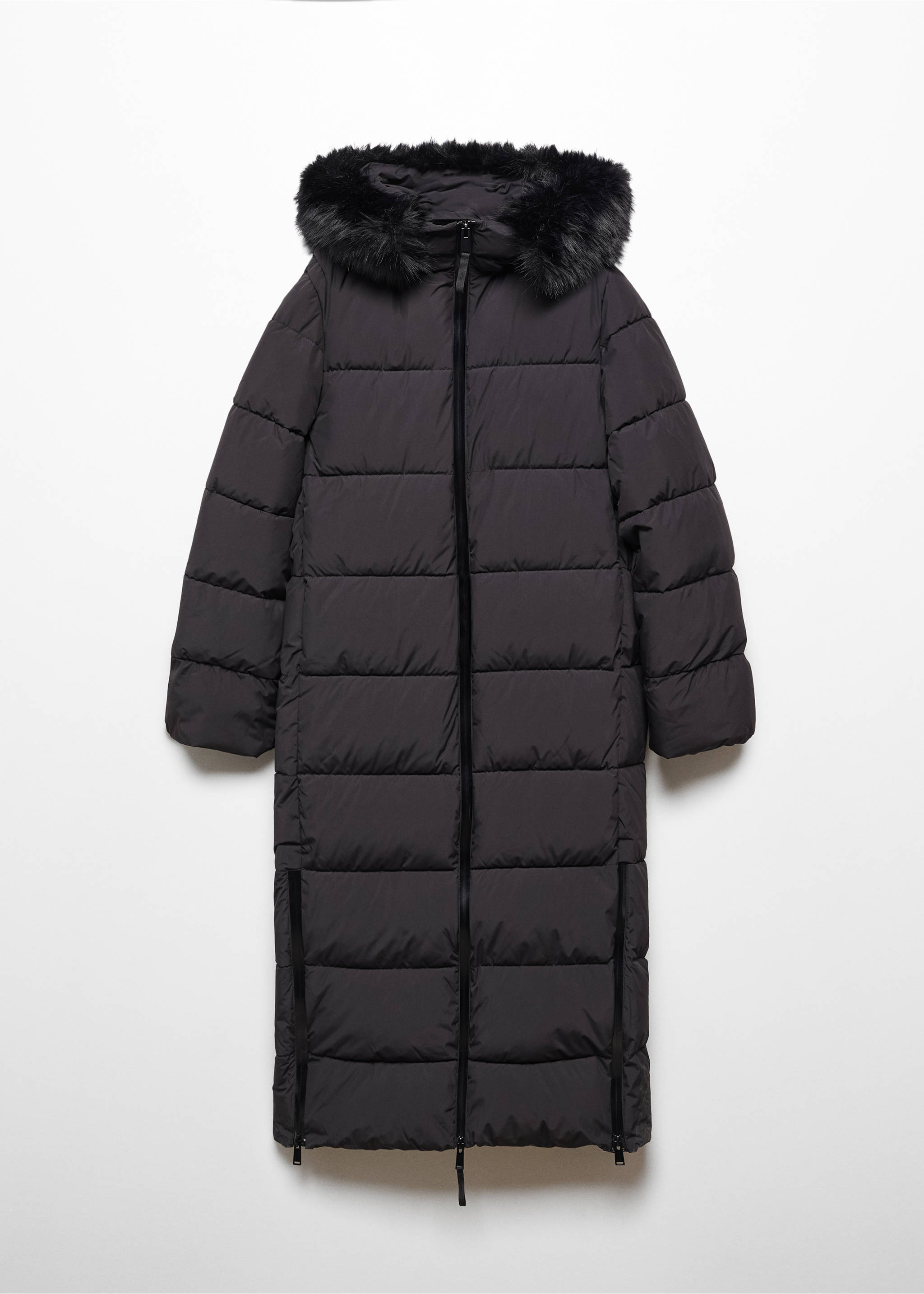 Puffer coat with fur-effect hood - Article without model, Black. Ref: 67090646-00.