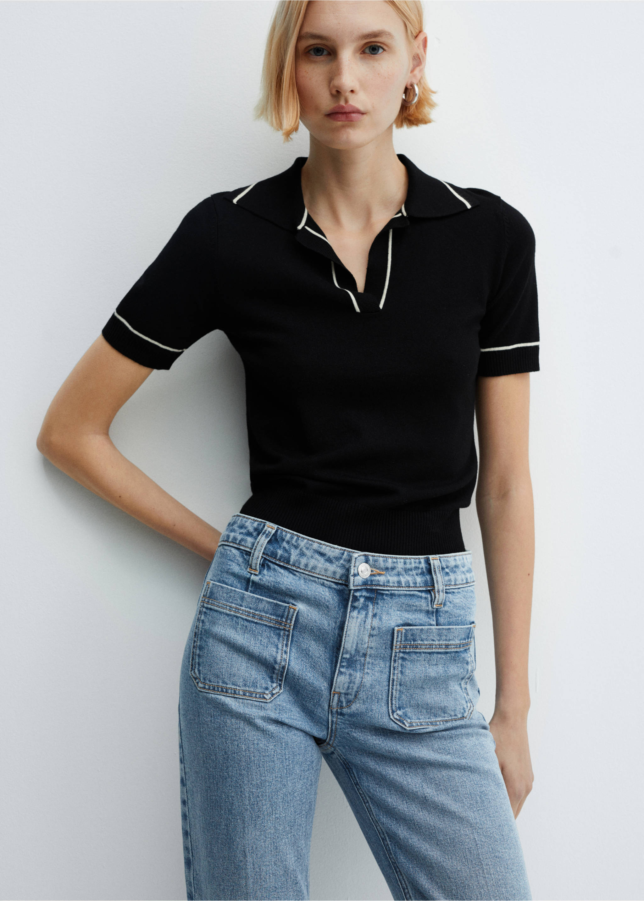 Flared cropped jeans med lommer - Artikkeldetalj 1, Halvblå. Ref: 67096335-00.