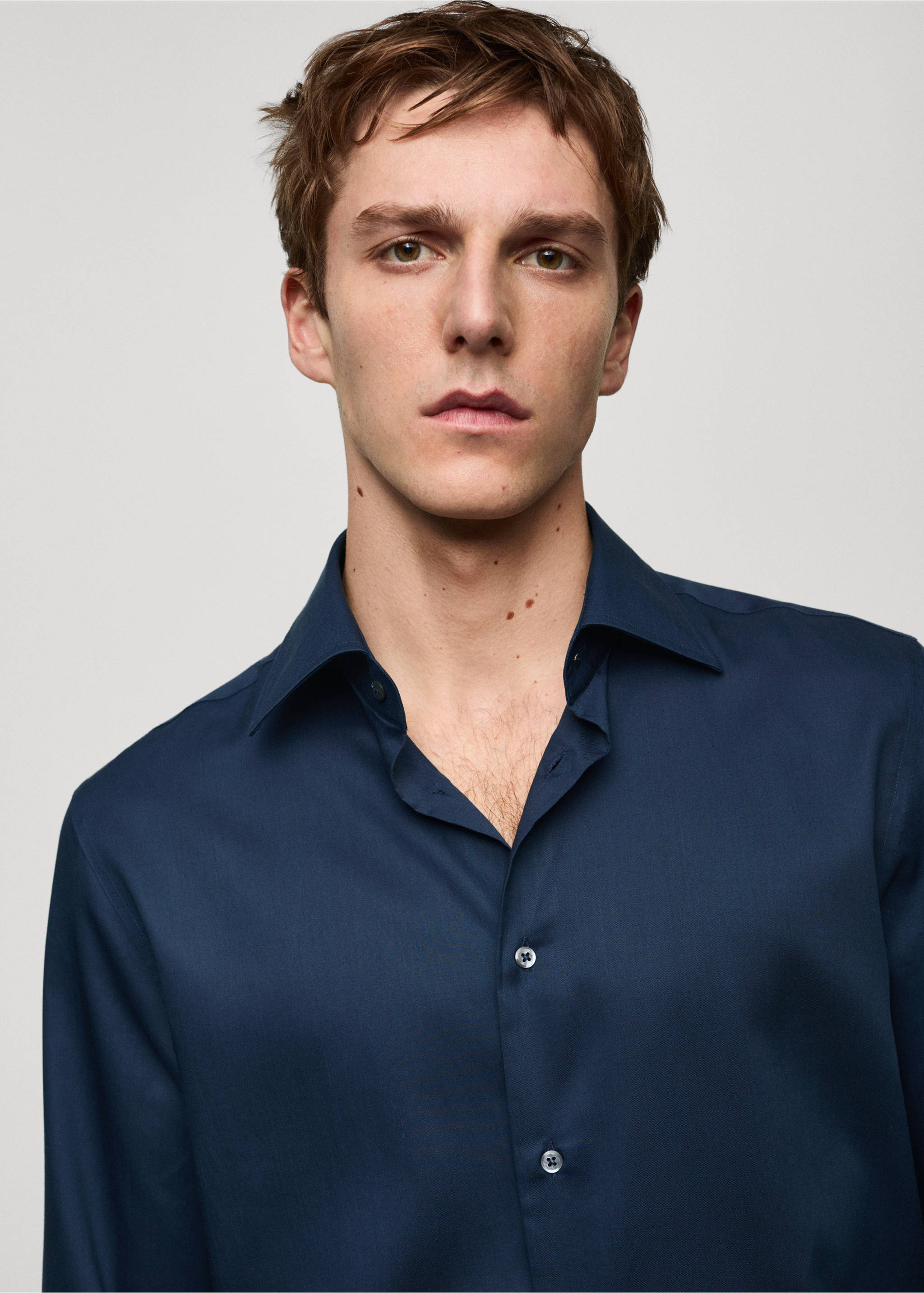 Slim fit-skjorta tencel bomull - Detaljer om artikeln 1, Navy blå. Ref: 67098266-00.