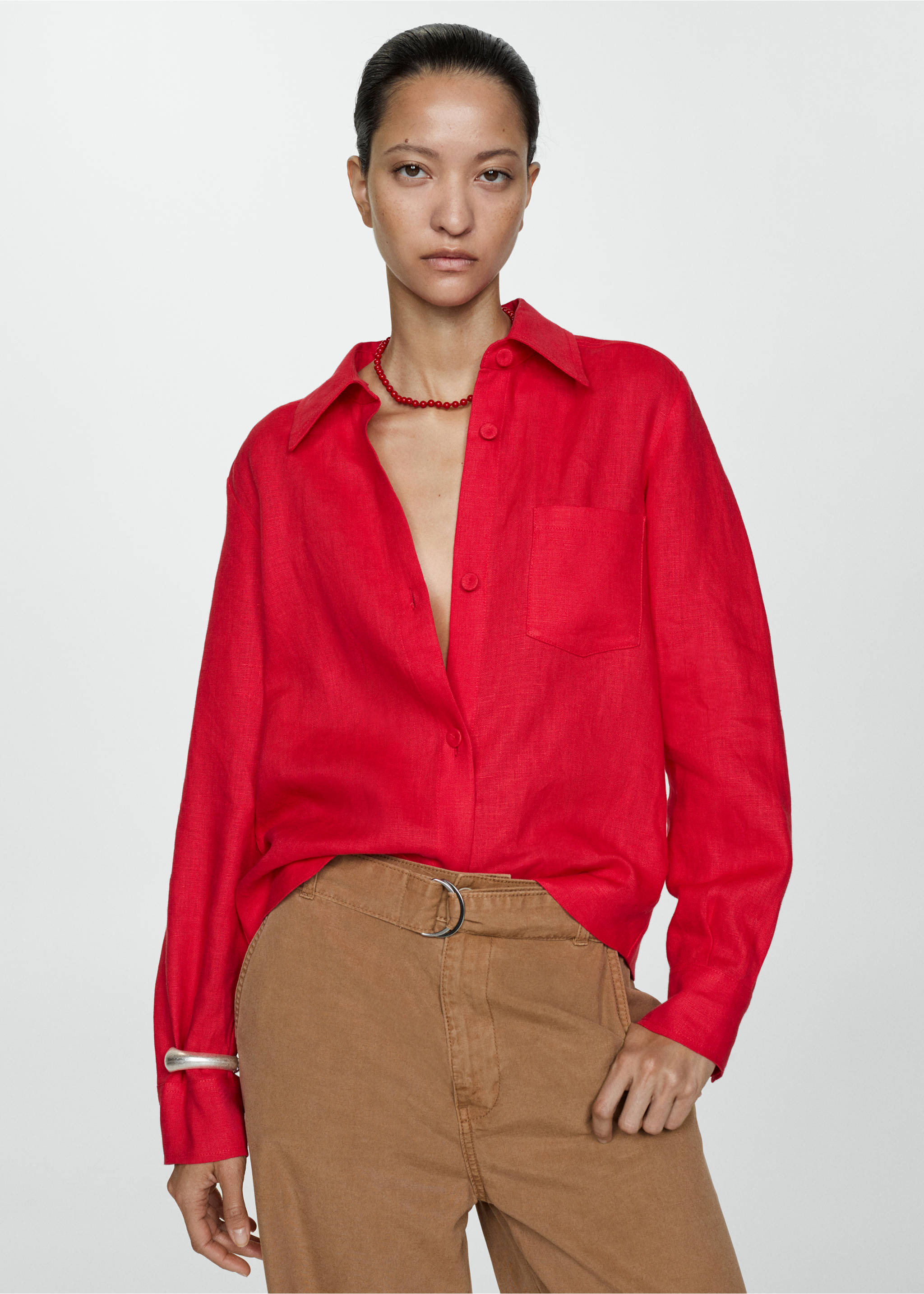 Flowy wide leg trousers with belt - Details of the article 1, Brown. Ref: 77000378-00.