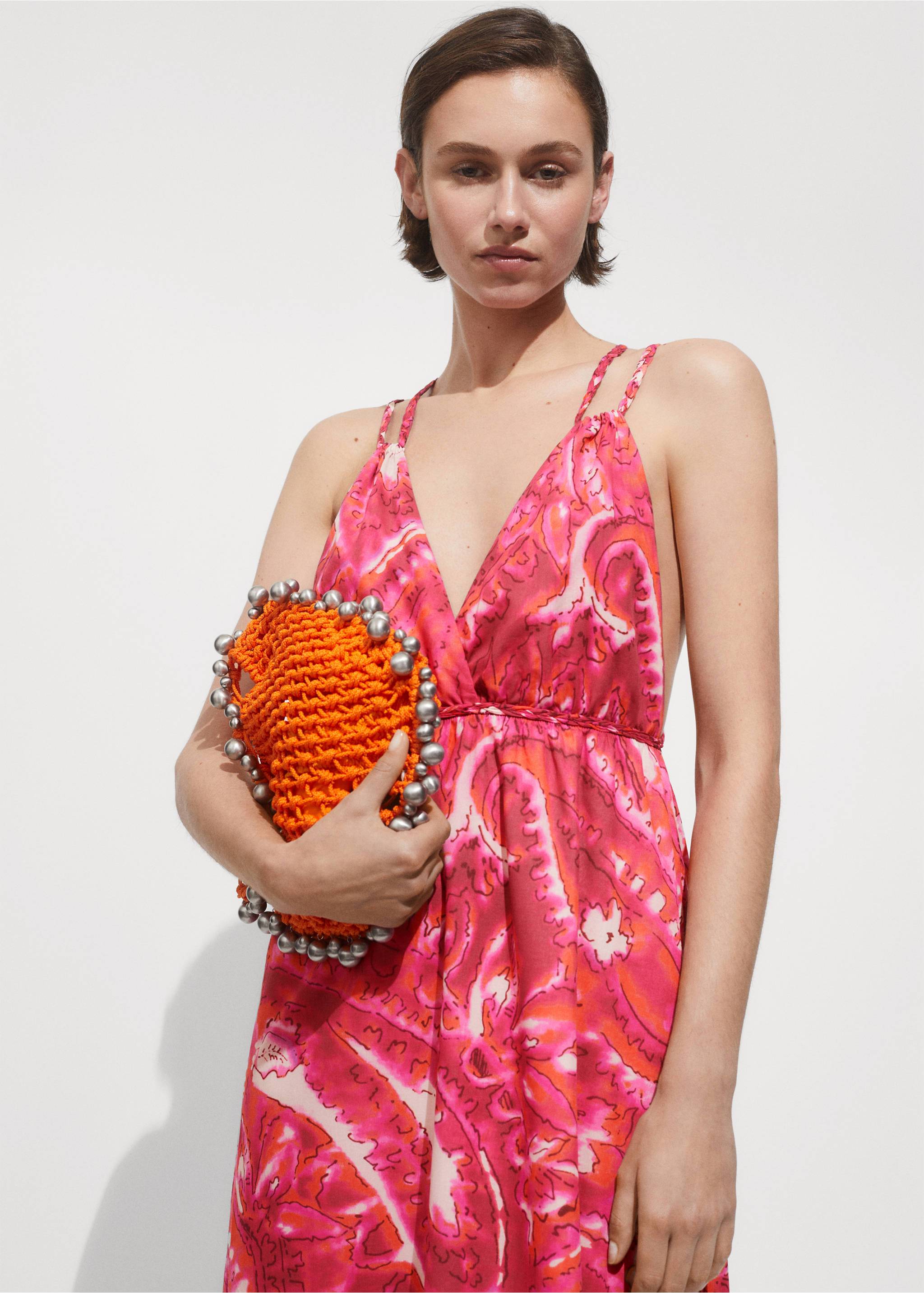 Gemustertes Kleid mit doppelten Trägern - Mittlere Ansicht, Fuchsia. Ref: 77000390-00.