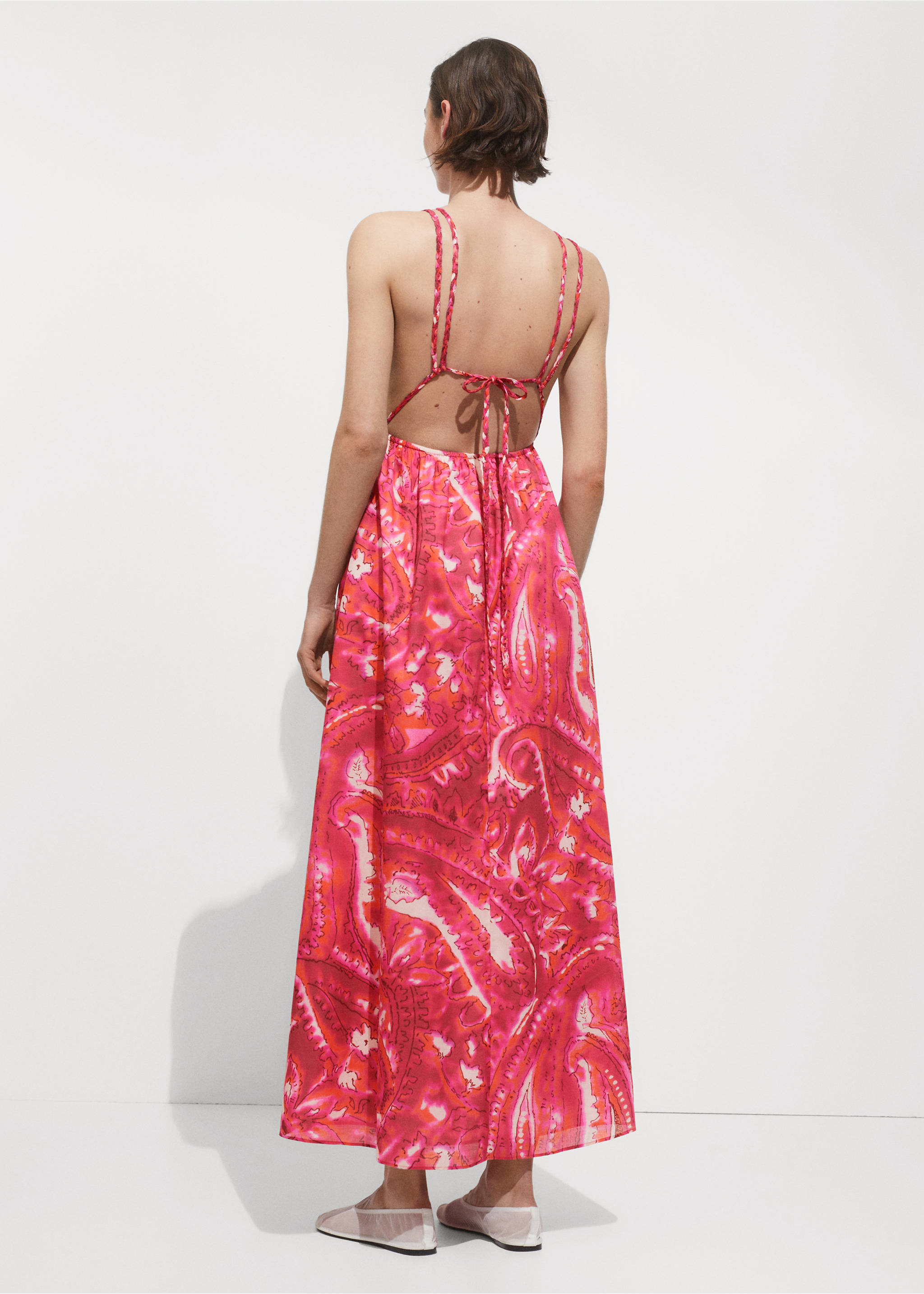 Gemustertes Kleid mit doppelten Trägern - Rückseite des Artikels, Fuchsia. Ref: 77000390-00.