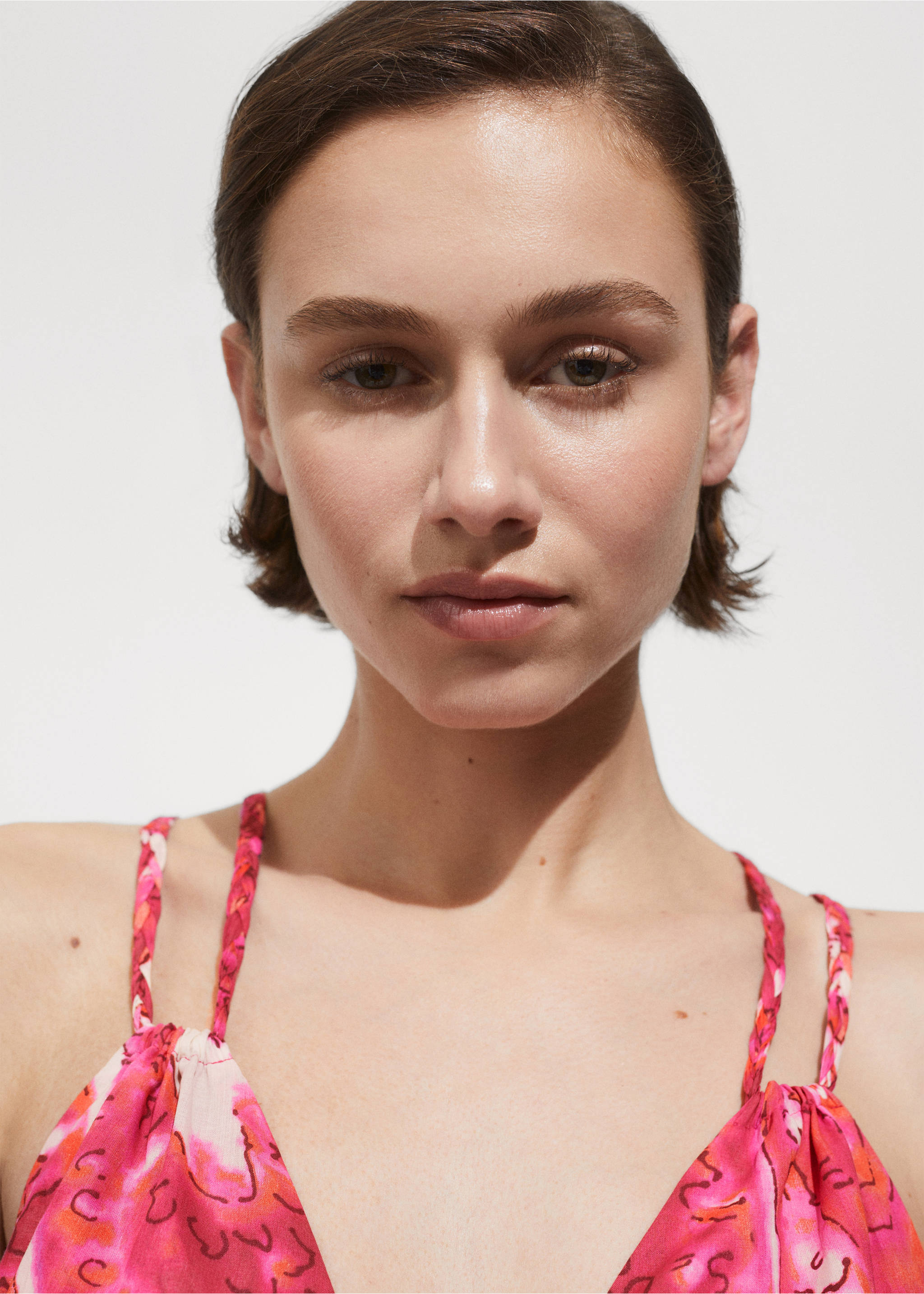 Printed dress with double straps - Details of the article 1, Fuchsia. Ref: 77000390-00.