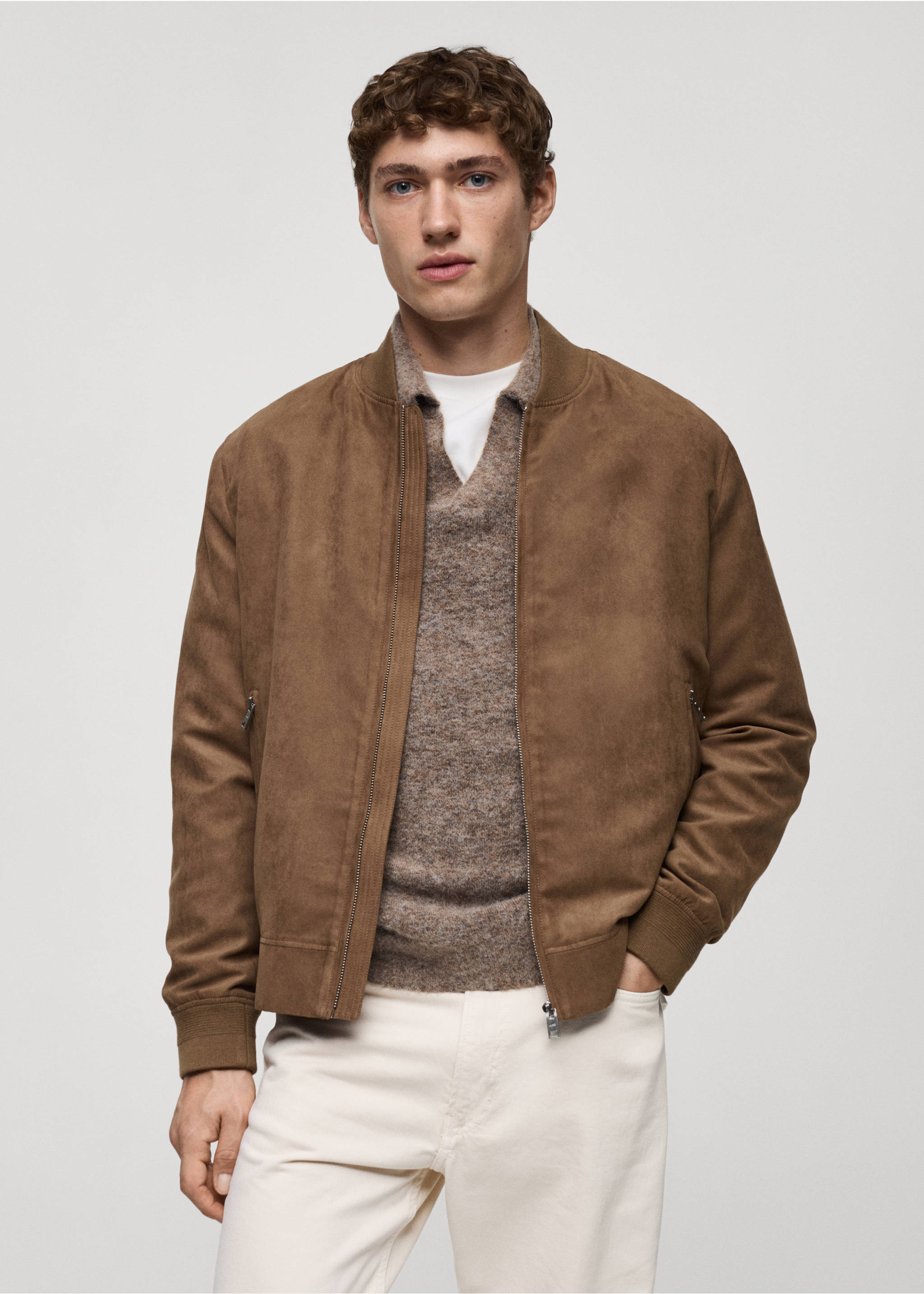 Bomberjacke mit Wildleder-Effekt - Mittlere Ansicht, Beige. Ref: 77000571-00.