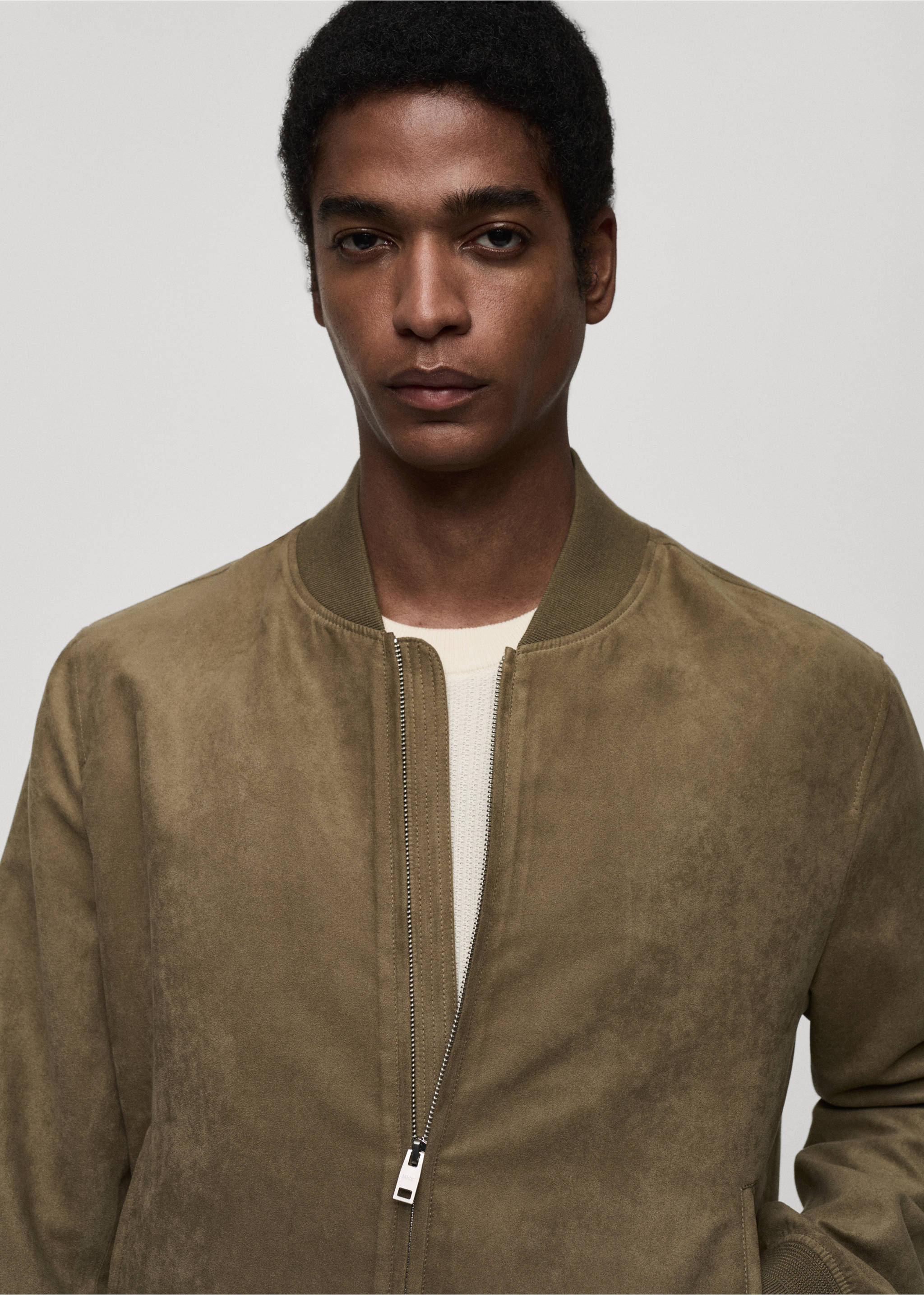 Suede-effect bomber jacket - Details of the article 1, Khaki. Ref: 77000571-00.