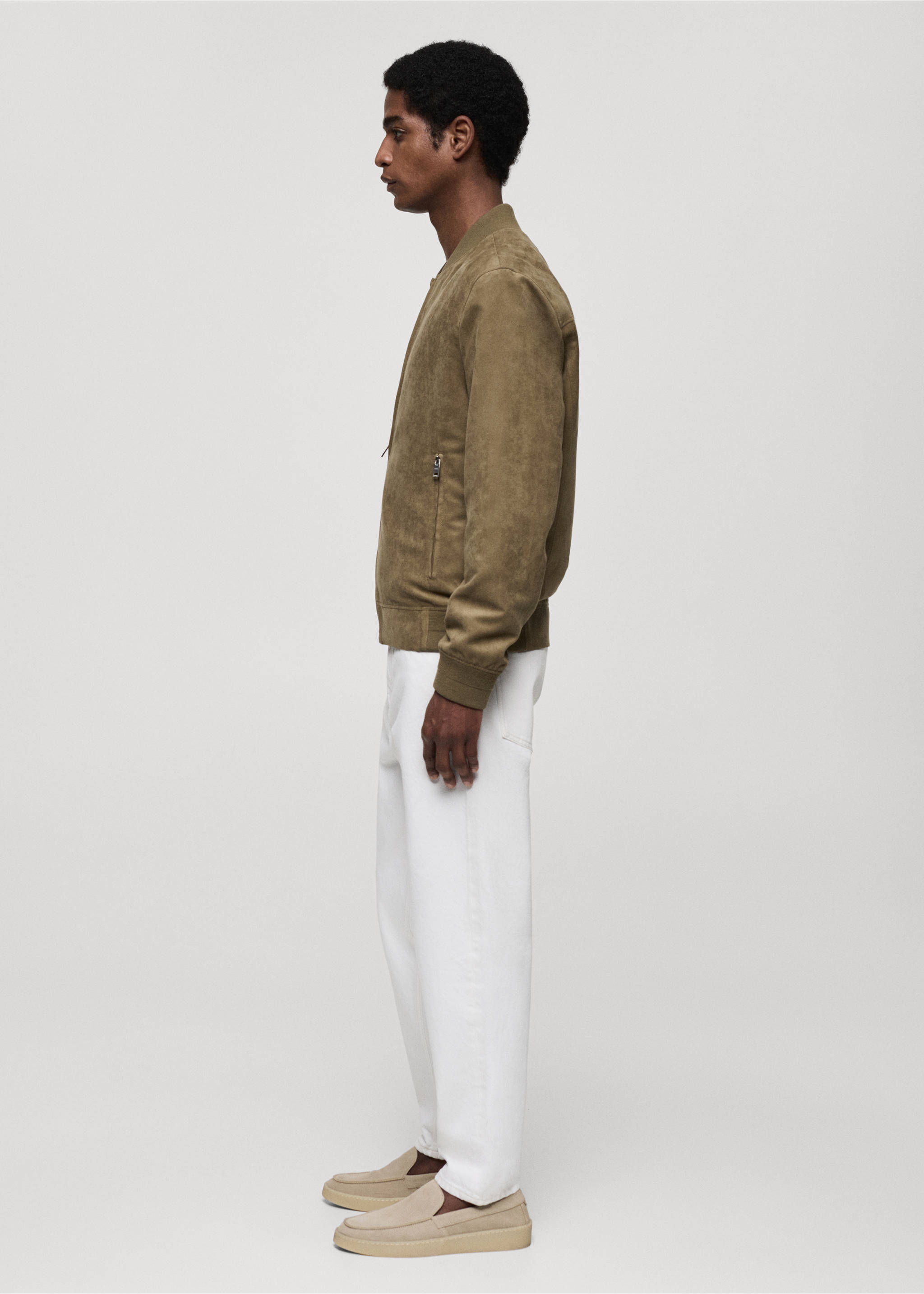 Suede-effect bomber jacket - Details of the article 2, Khaki. Ref: 77000571-00.