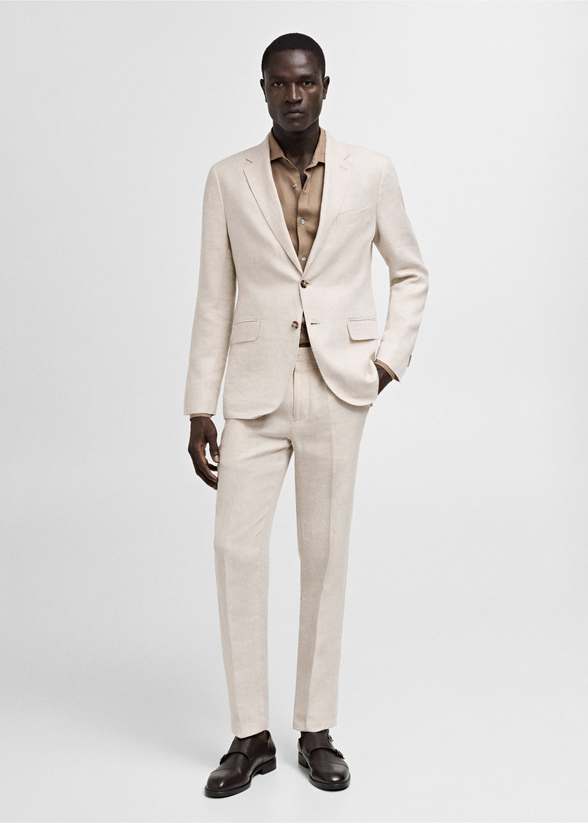 Slim-fit pantalon 100% linnen - Overzichtstekening, Open beige. Ref: 77000589-00.