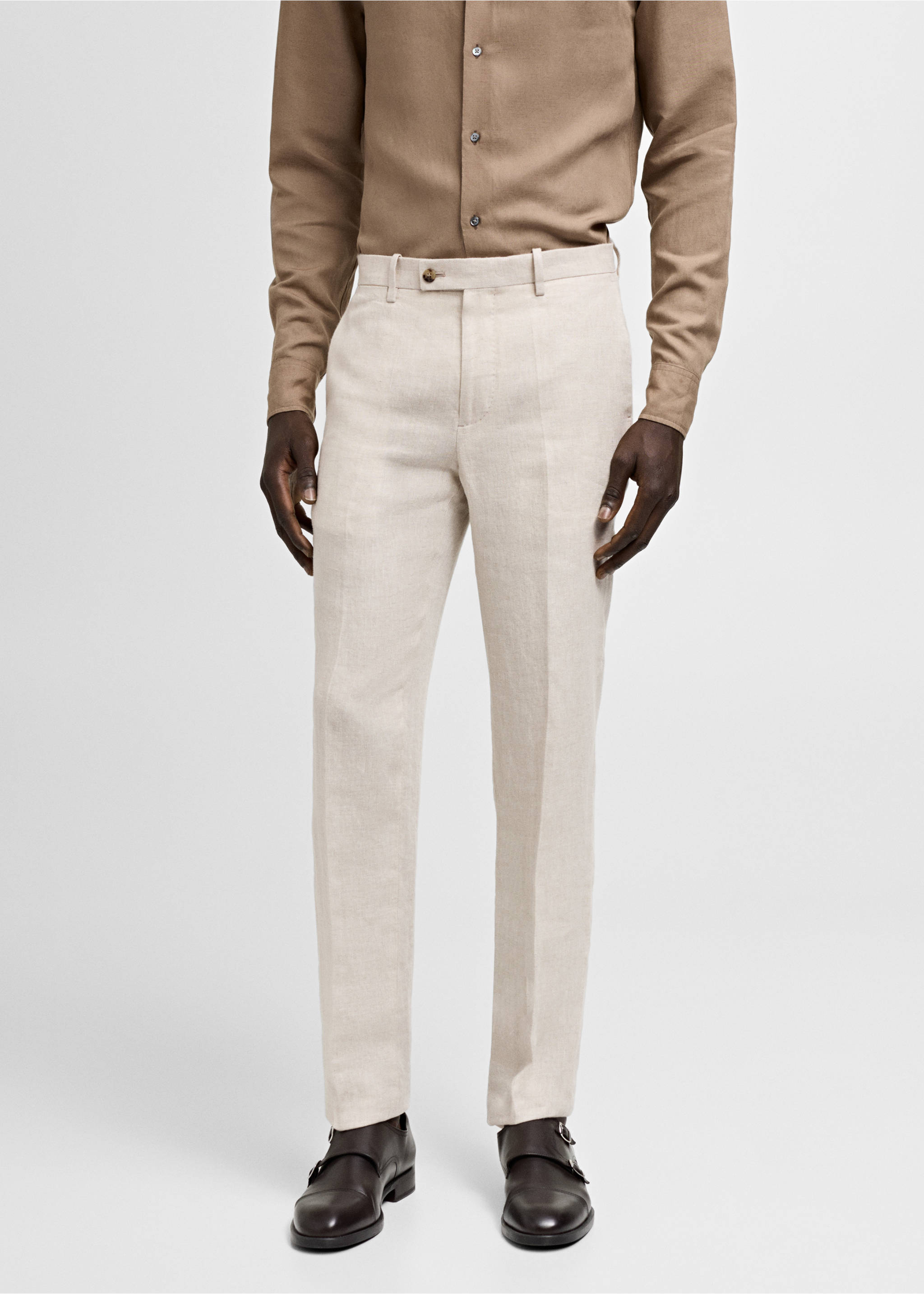 Slim-fit pantalon 100% linnen - Middenvlak, Open beige. Ref: 77000589-00.