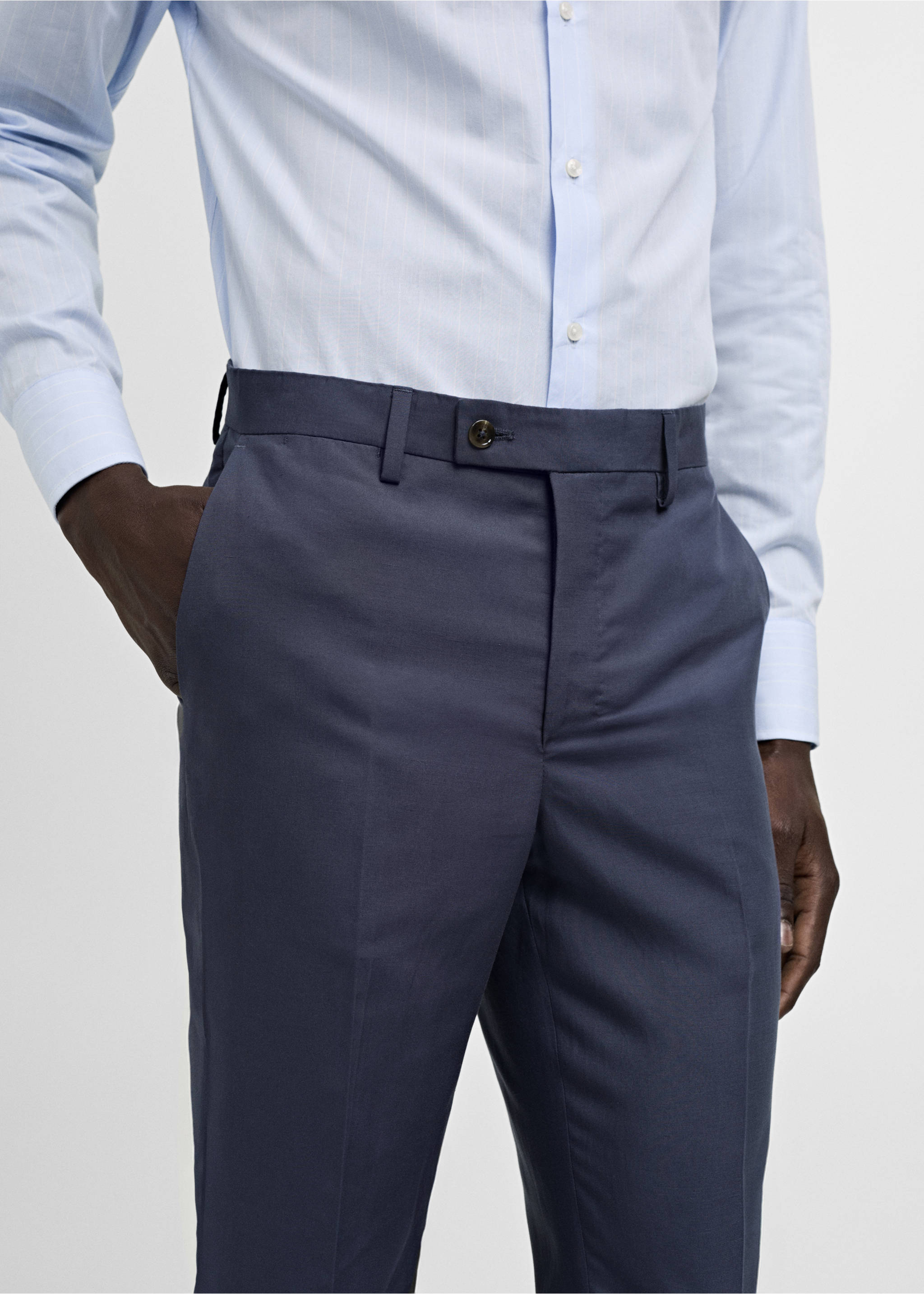 Stretch-fabric slim-fit suit trousers - Details of the article 6, Blue. Ref: 77000592-00.