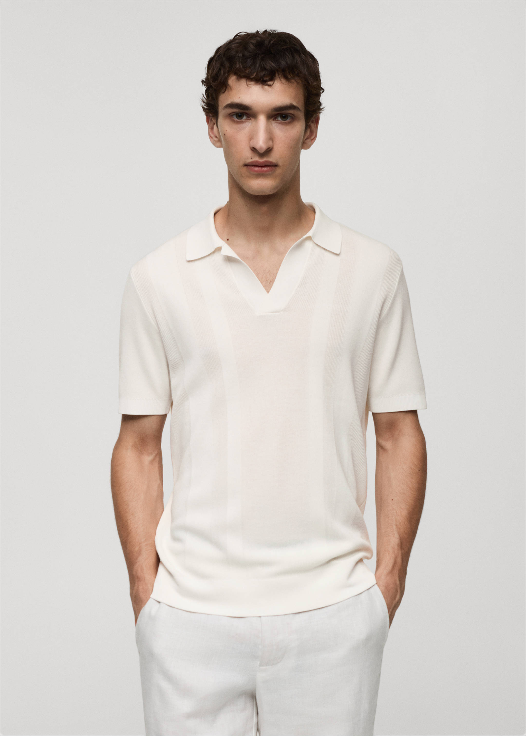 Ribbed knit polo shirt - Medium plane, Off White. Ref: 77002540-00.