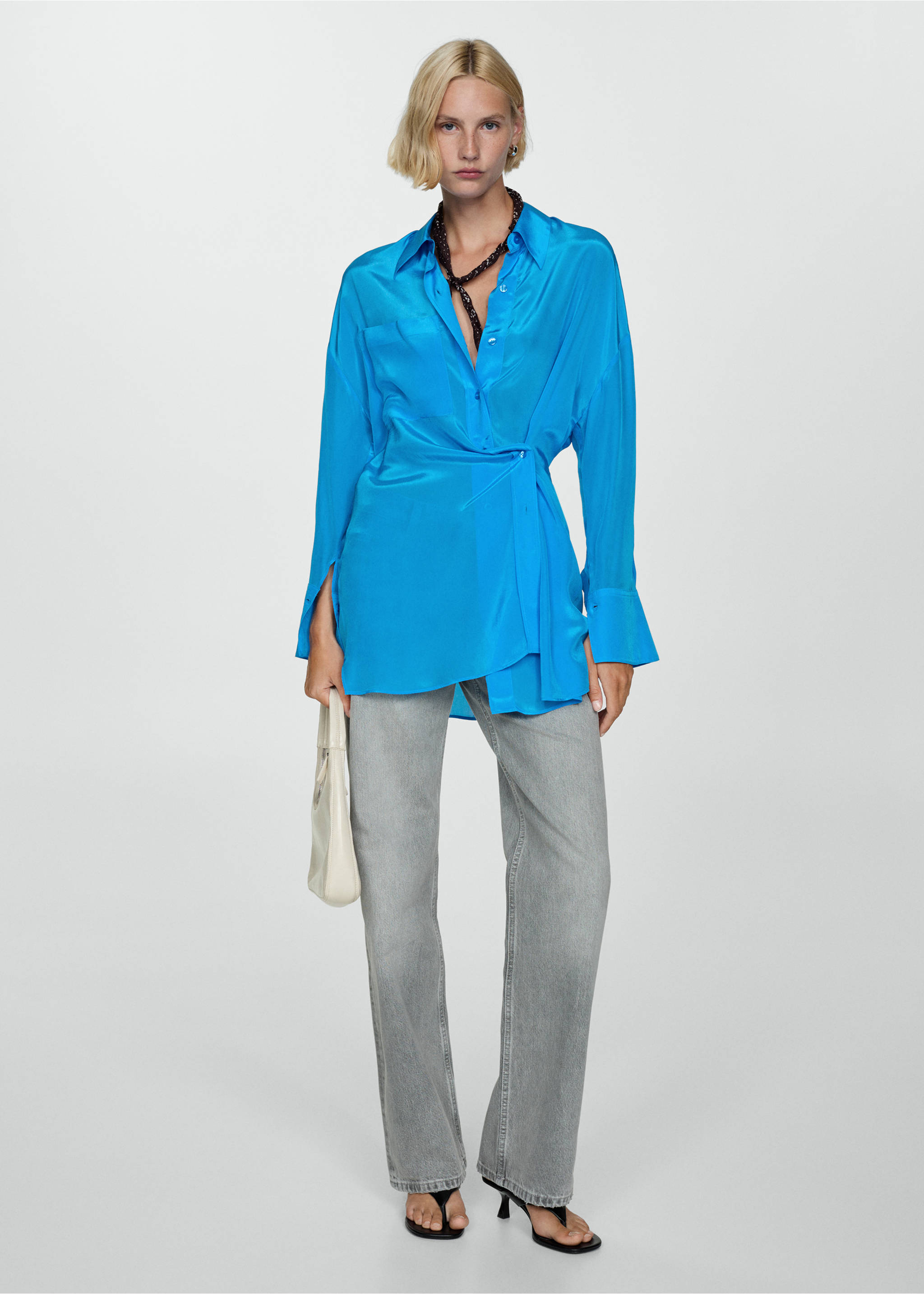 Long satin shirt with asymmetrical closure - General plane, Blue. Ref: 77004038-00.