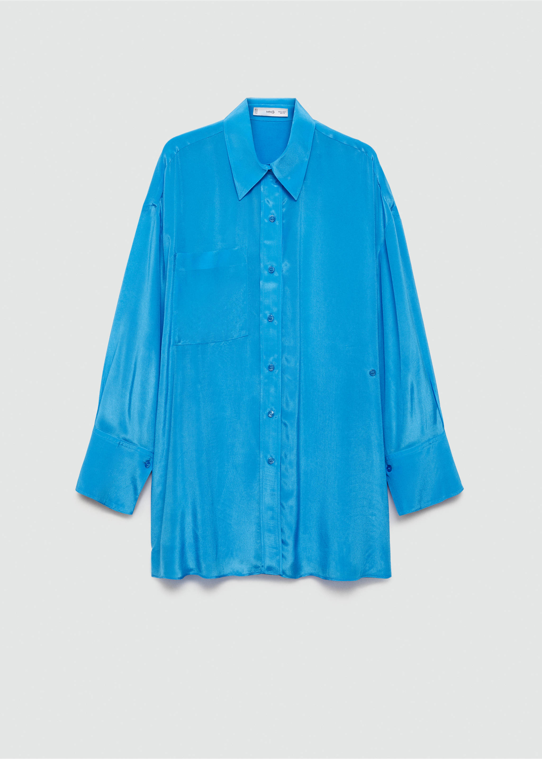 Long satin shirt with asymmetrical closure - Article without model, Blue. Ref: 77004038-00.