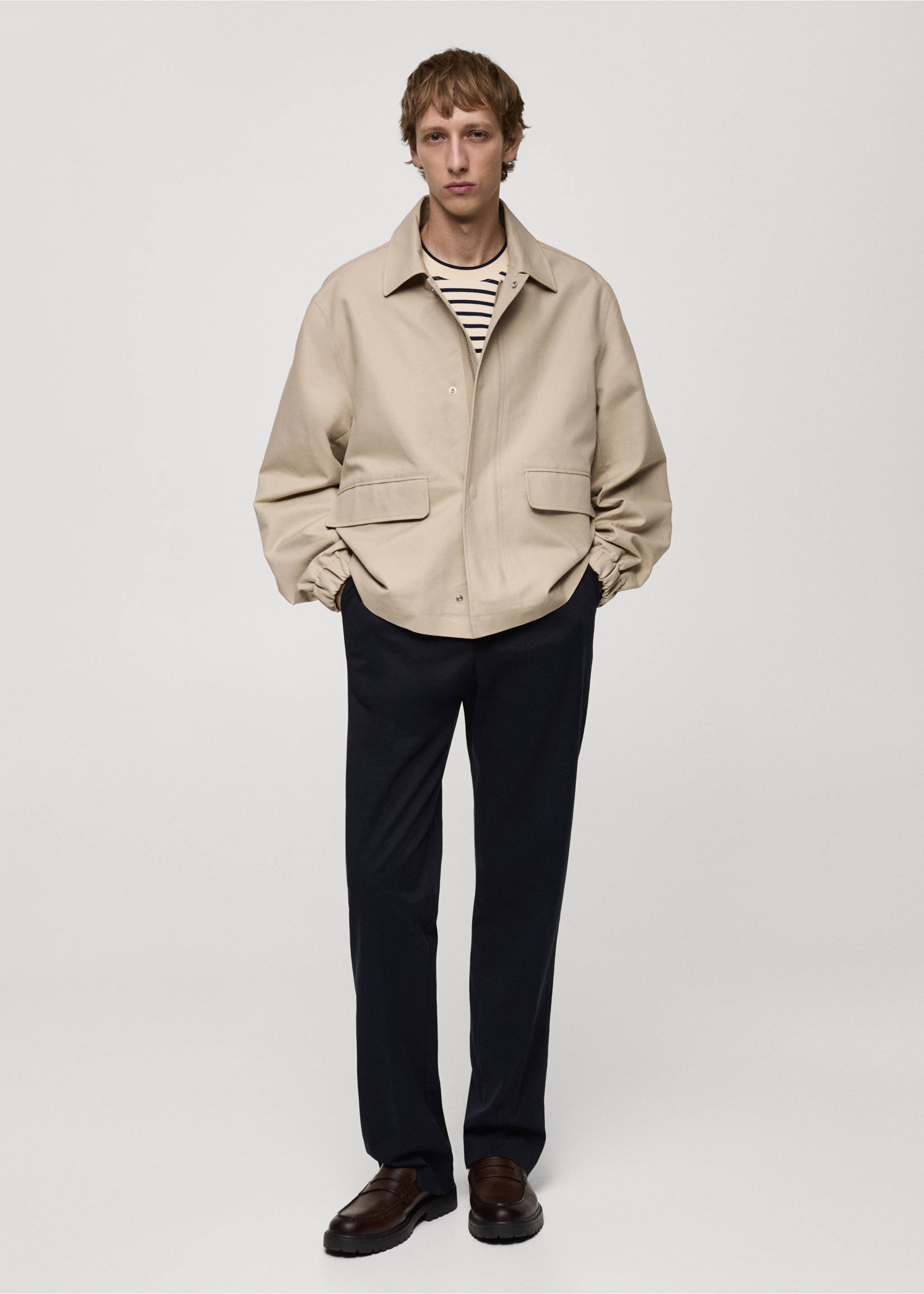 Cazadora oversize algodón bolsillos - Plano general, Beige. Ref: 77004443-00.