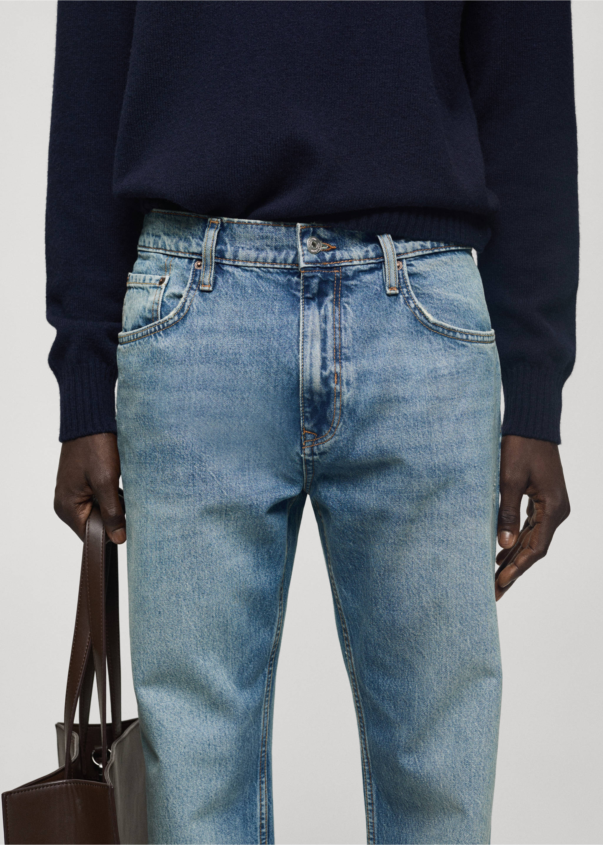 Ripped straight-fit light-wash jeans - Details of the article 1, Medium Vintage Blue. Ref: 77004458-00.
