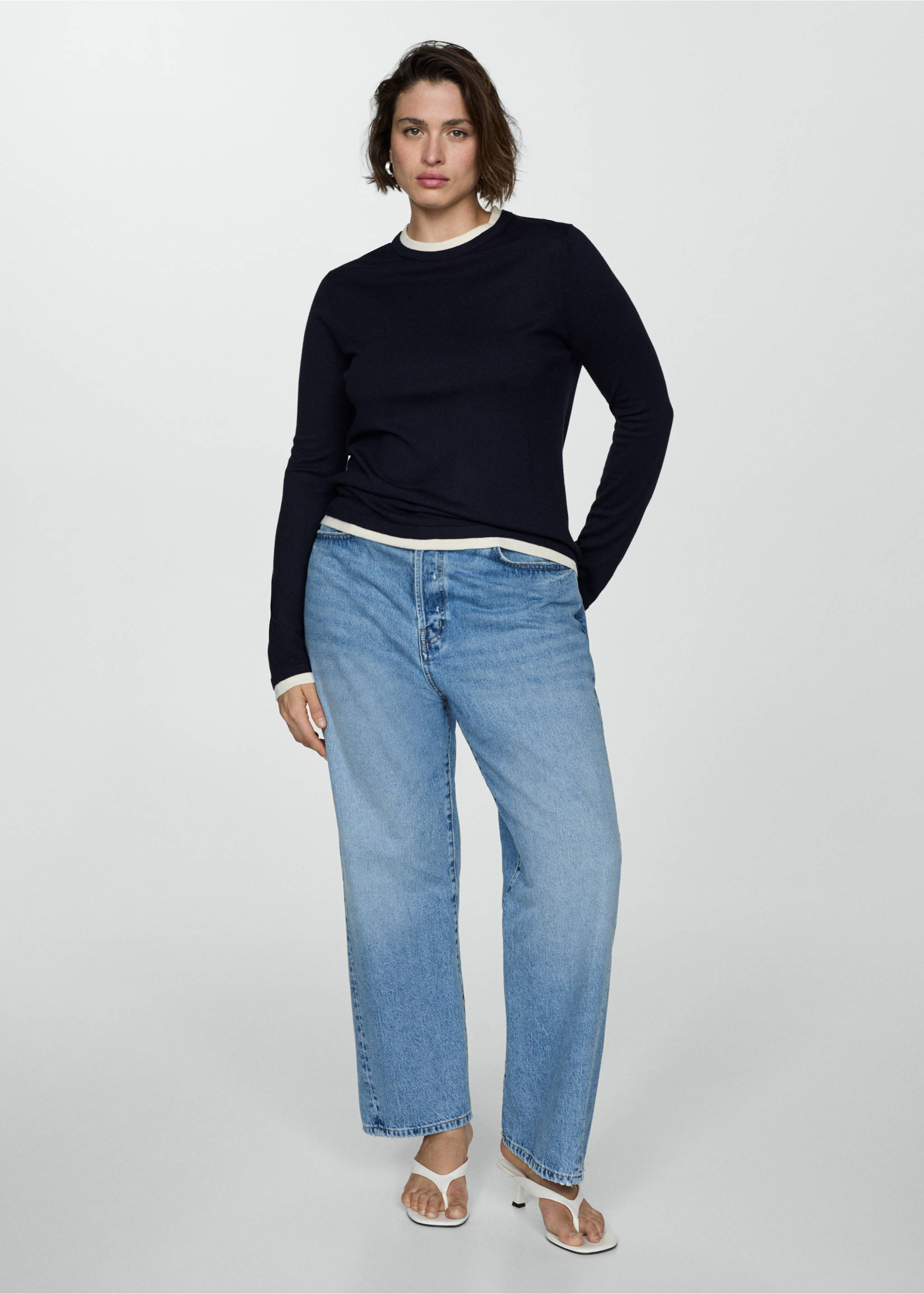 Pull-over maille fine liserés contrastés - Détail de l'article 3, Bleu marine foncé. Ref: 77004766-00.