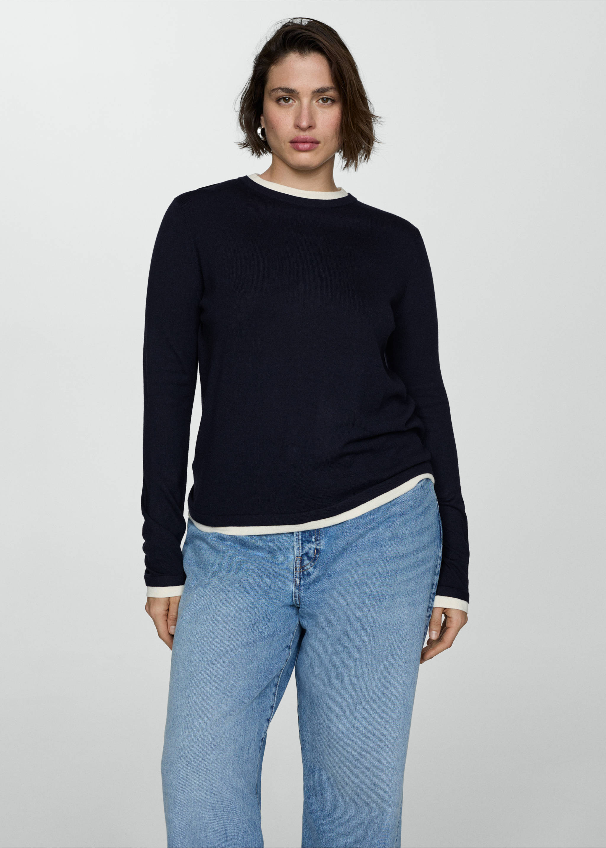 Pull-over maille fine liserés contrastés - Détail de l'article 5, Bleu marine foncé. Ref: 77004766-00.