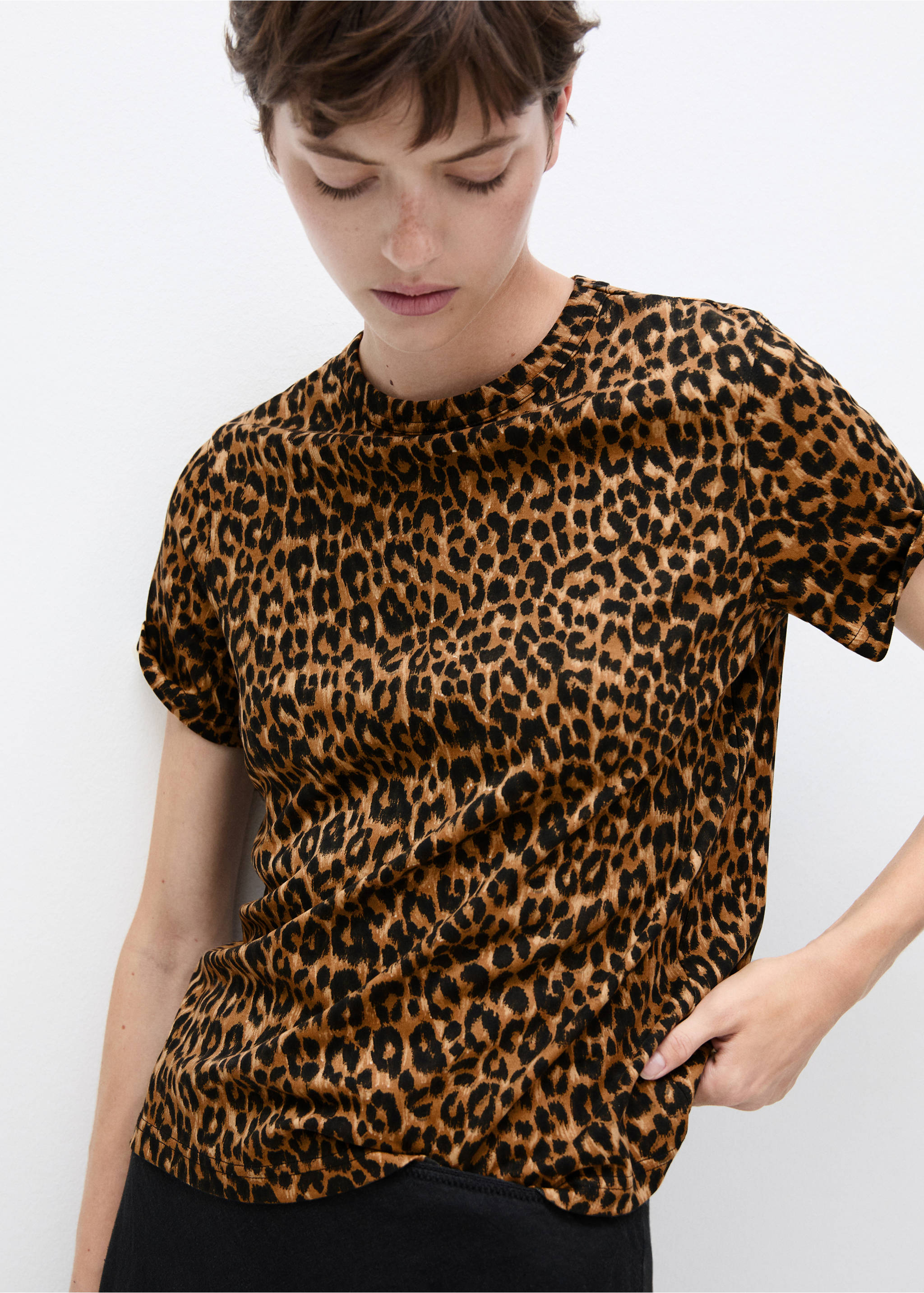 T-shirt bomull animal print - Bild av mittparti, Brun. Ref: 77004787-00.