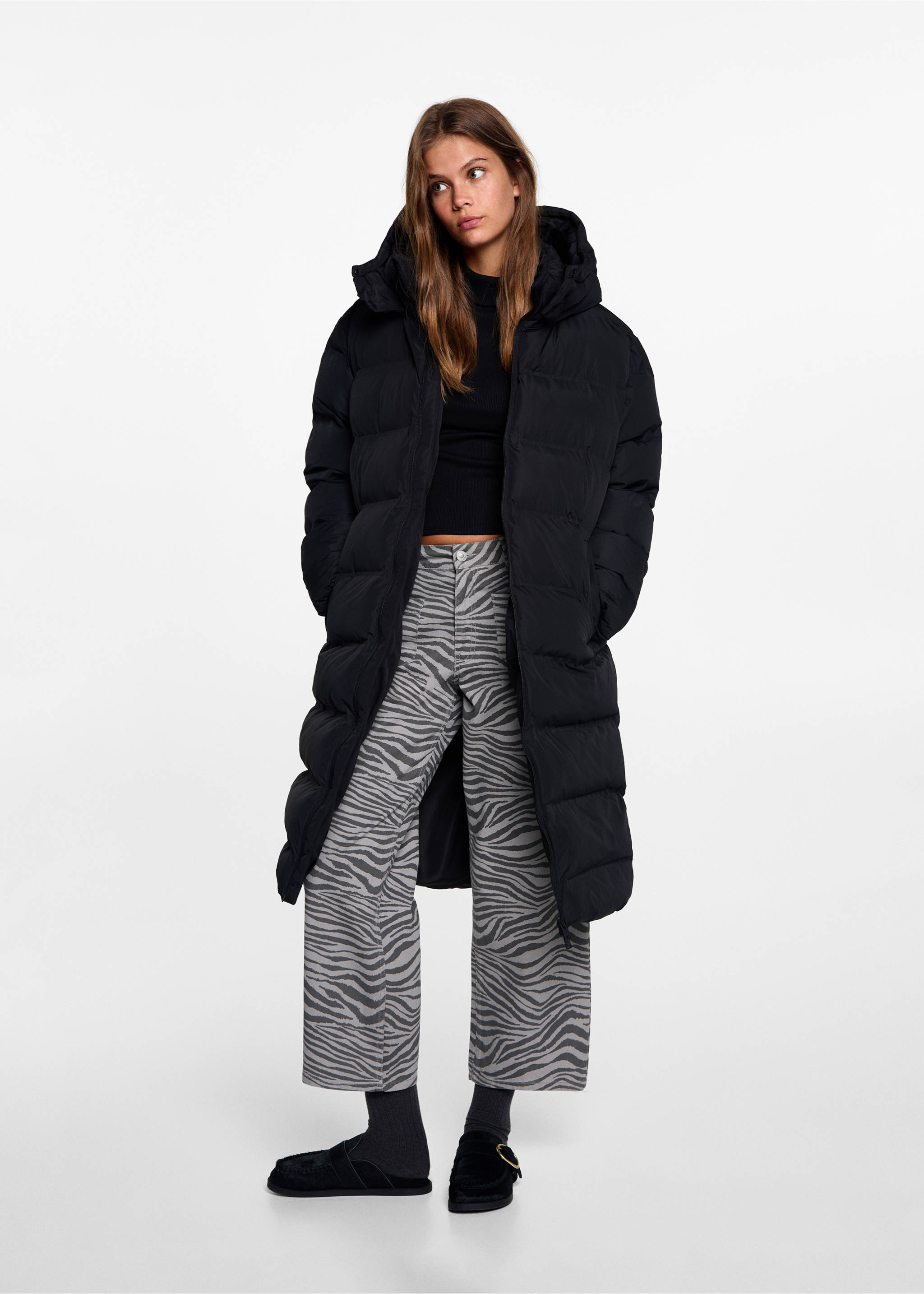 Quilted long coat - General plane, Black. Ref: 77005633-00.