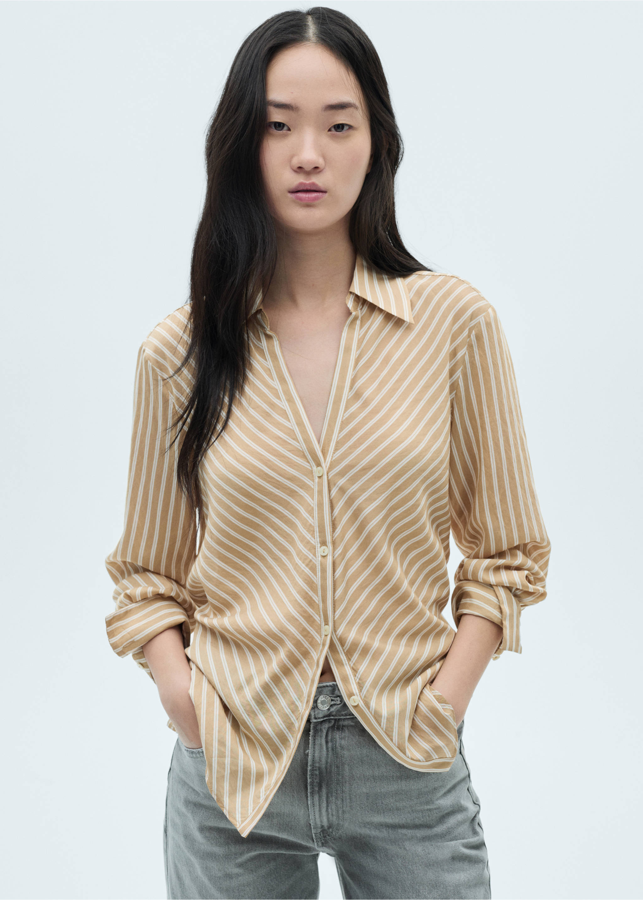 Fließendes Streifenhemd - Mittlere Ansicht, Braun. Ref: 77005658-00.