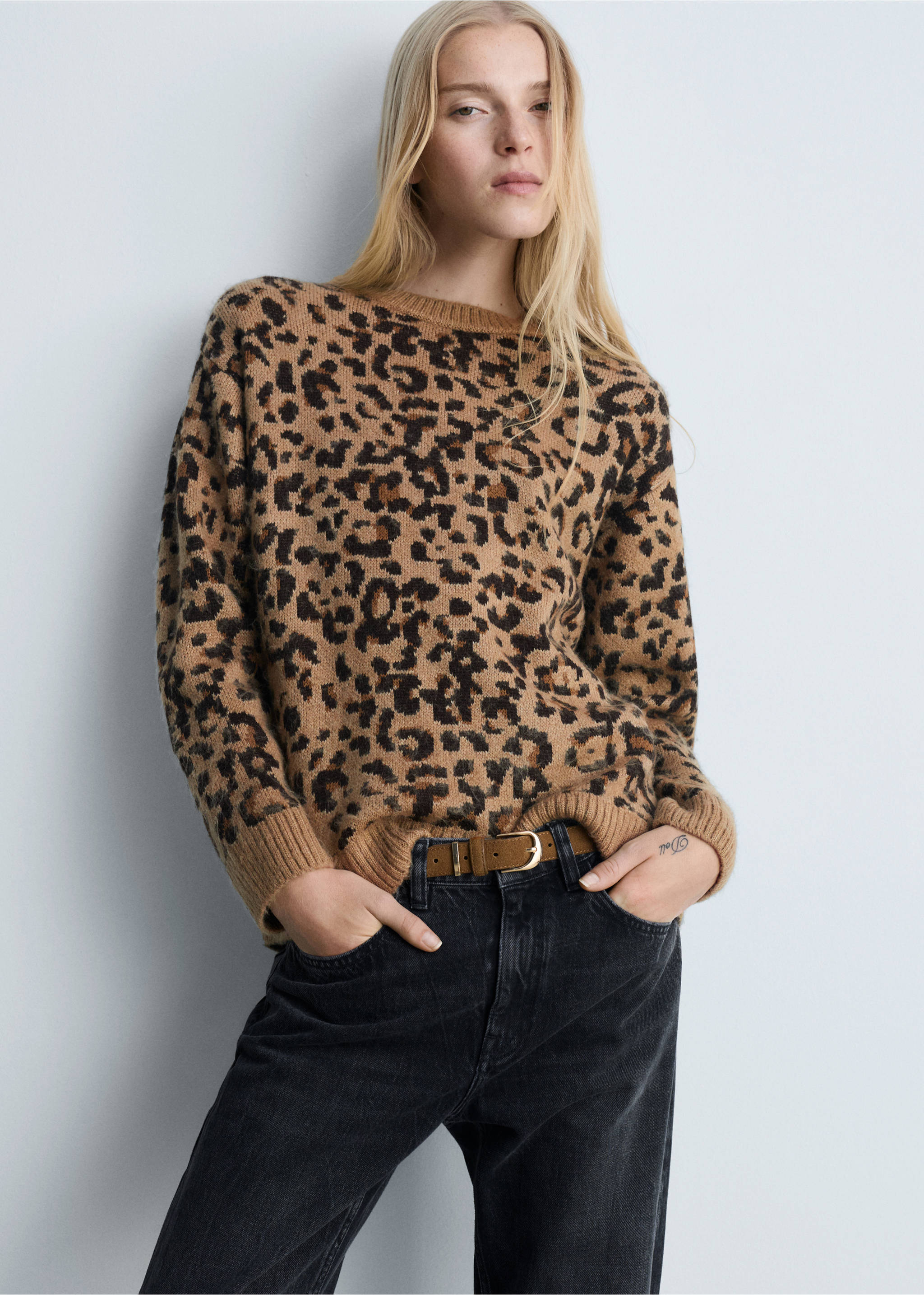 Leopard-print sweater with contrasting trims - Medium plane, Brown. Ref: 77005668-00.
