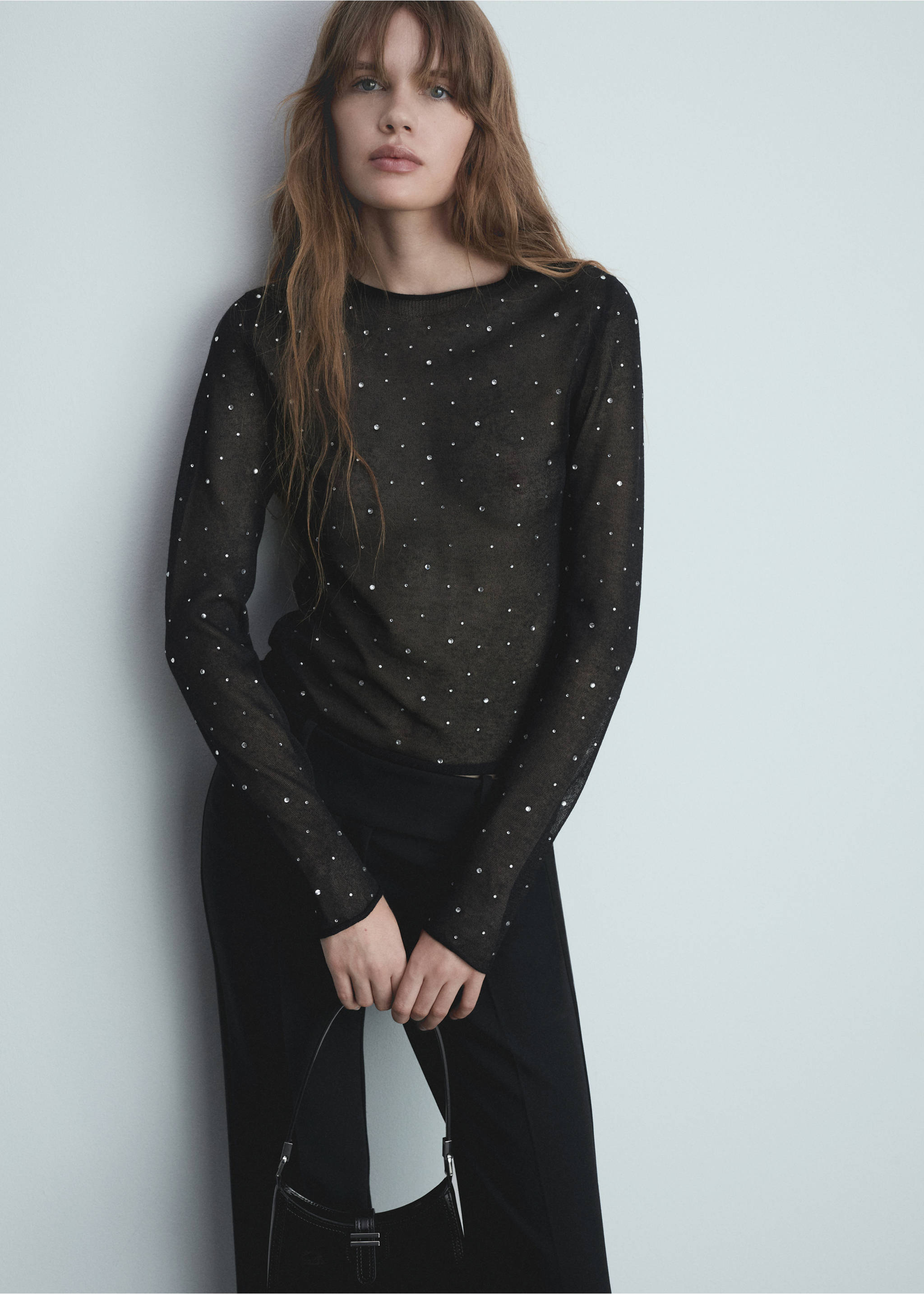 Pull-over maille fine strass - Plan moyen, Noir. Ref: 77005675-00.