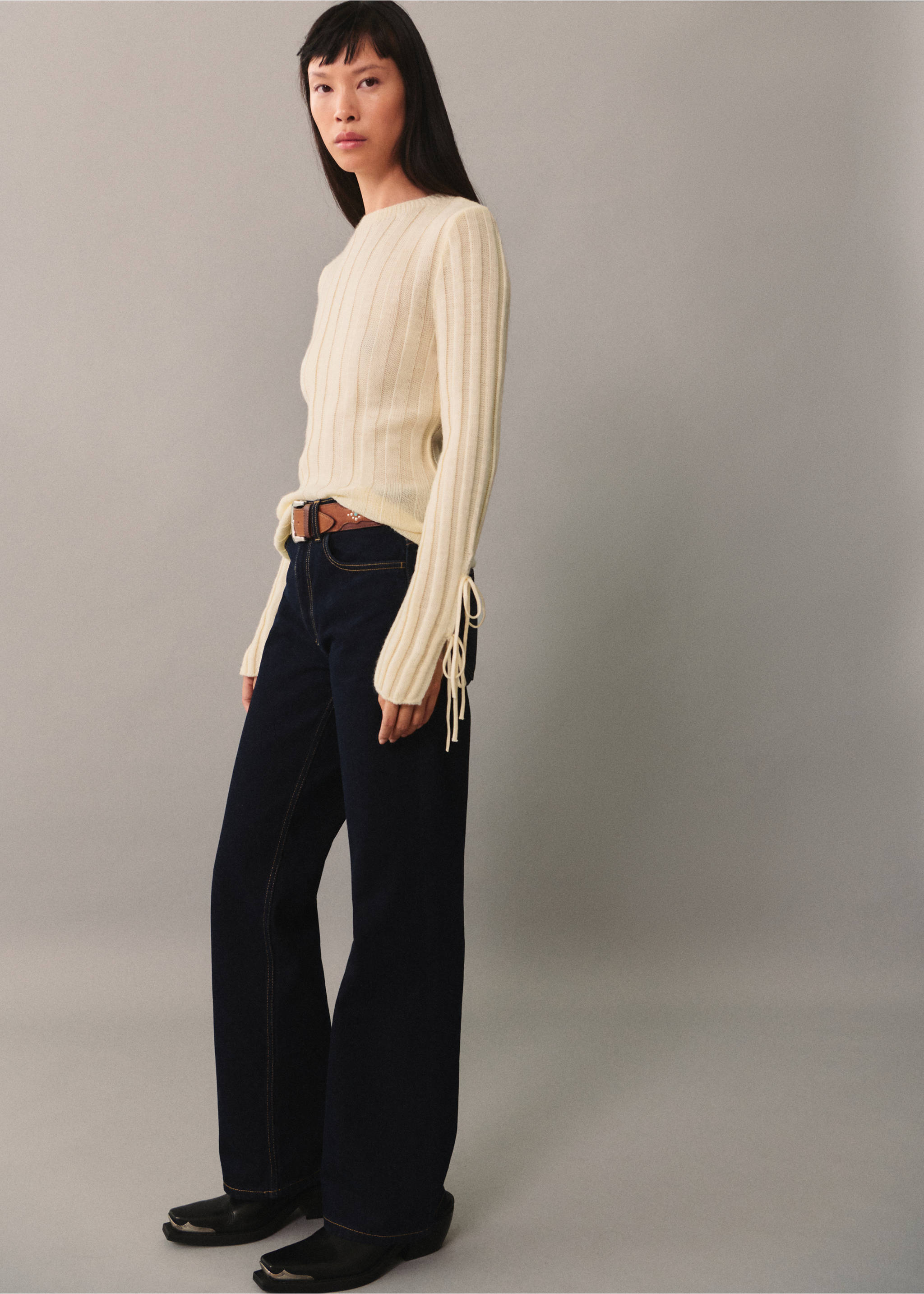 Bows ribbed sweater - General plane, Ecru. Ref: 77005678-00.