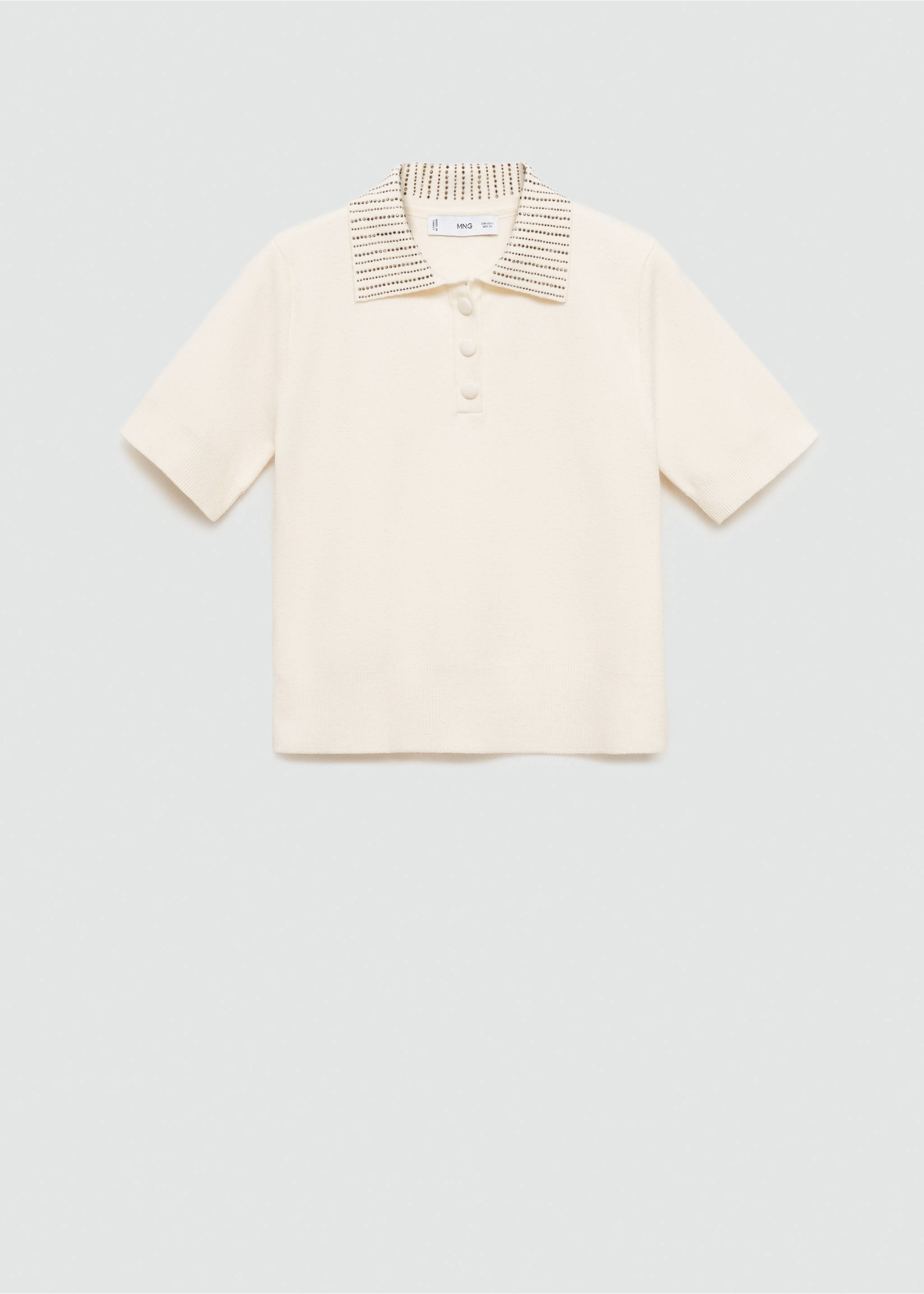 Knitted polo shirt with rhinestone collar - Article without model, Ecru. Ref: 77005680-00.