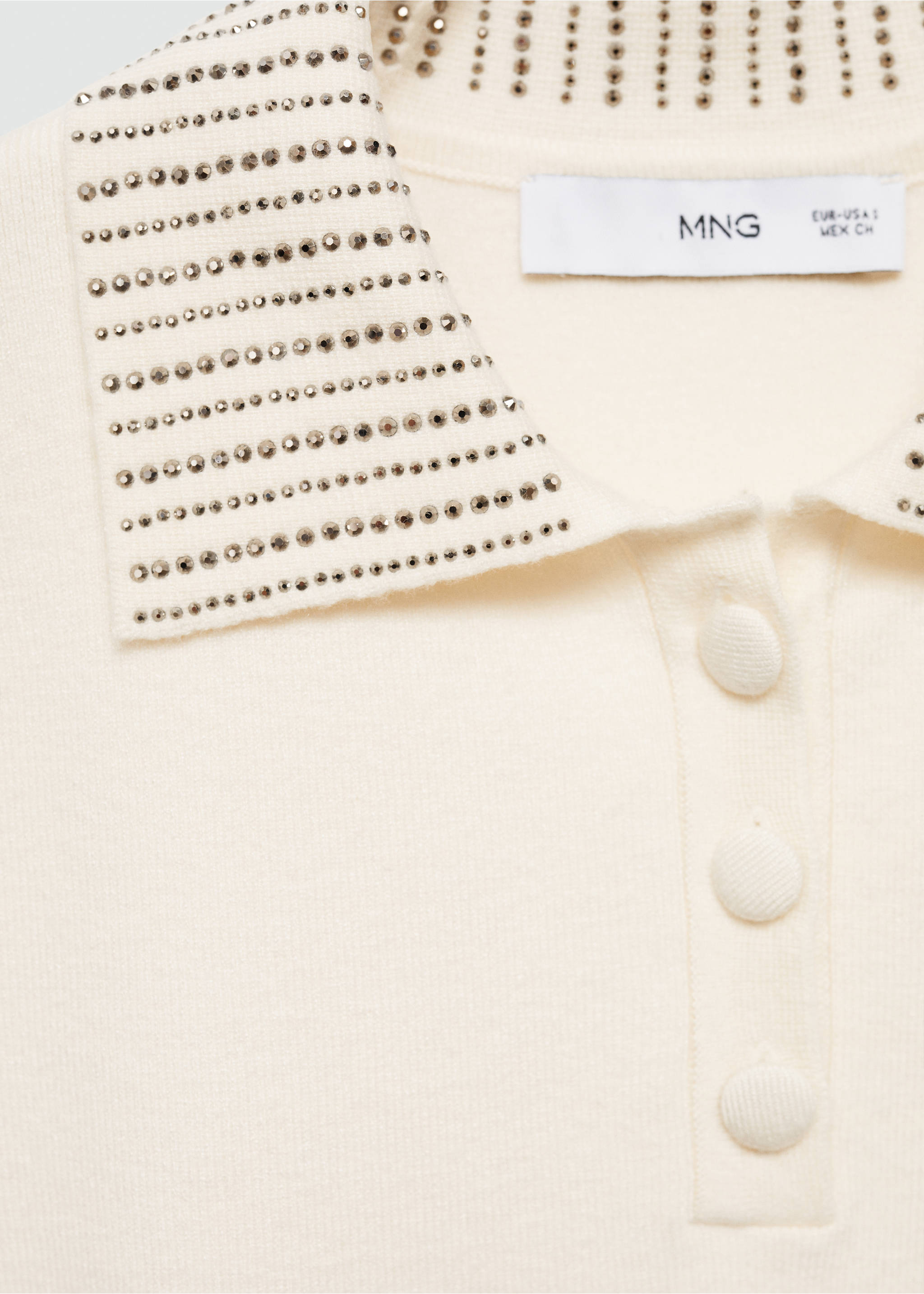 Knitted polo shirt with rhinestone collar - Details of the article 8, Ecru. Ref: 77005680-00.