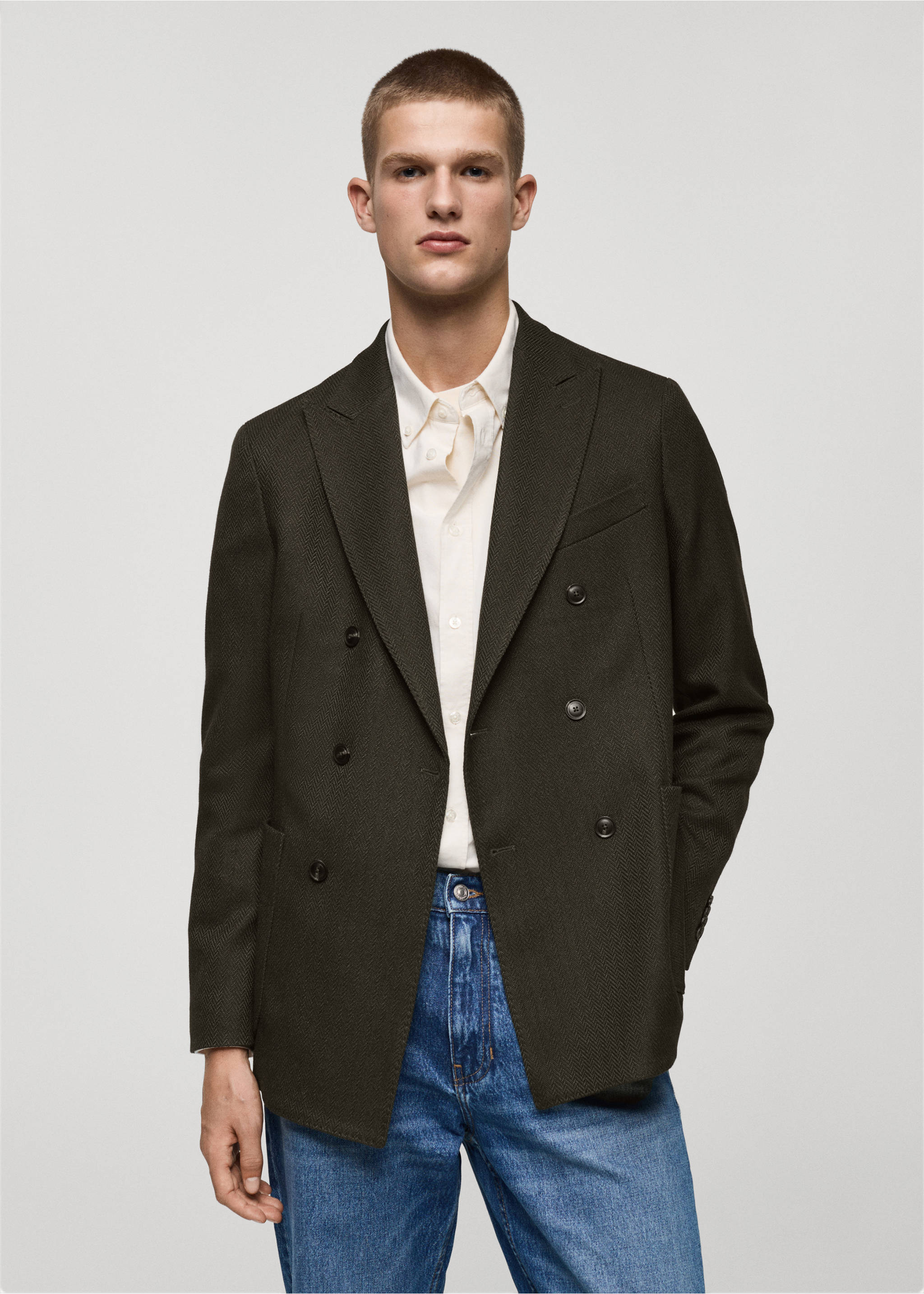 Herringbone slim-fit double-breasted jacket - Medium plane, Green. Ref: 77005974-00.