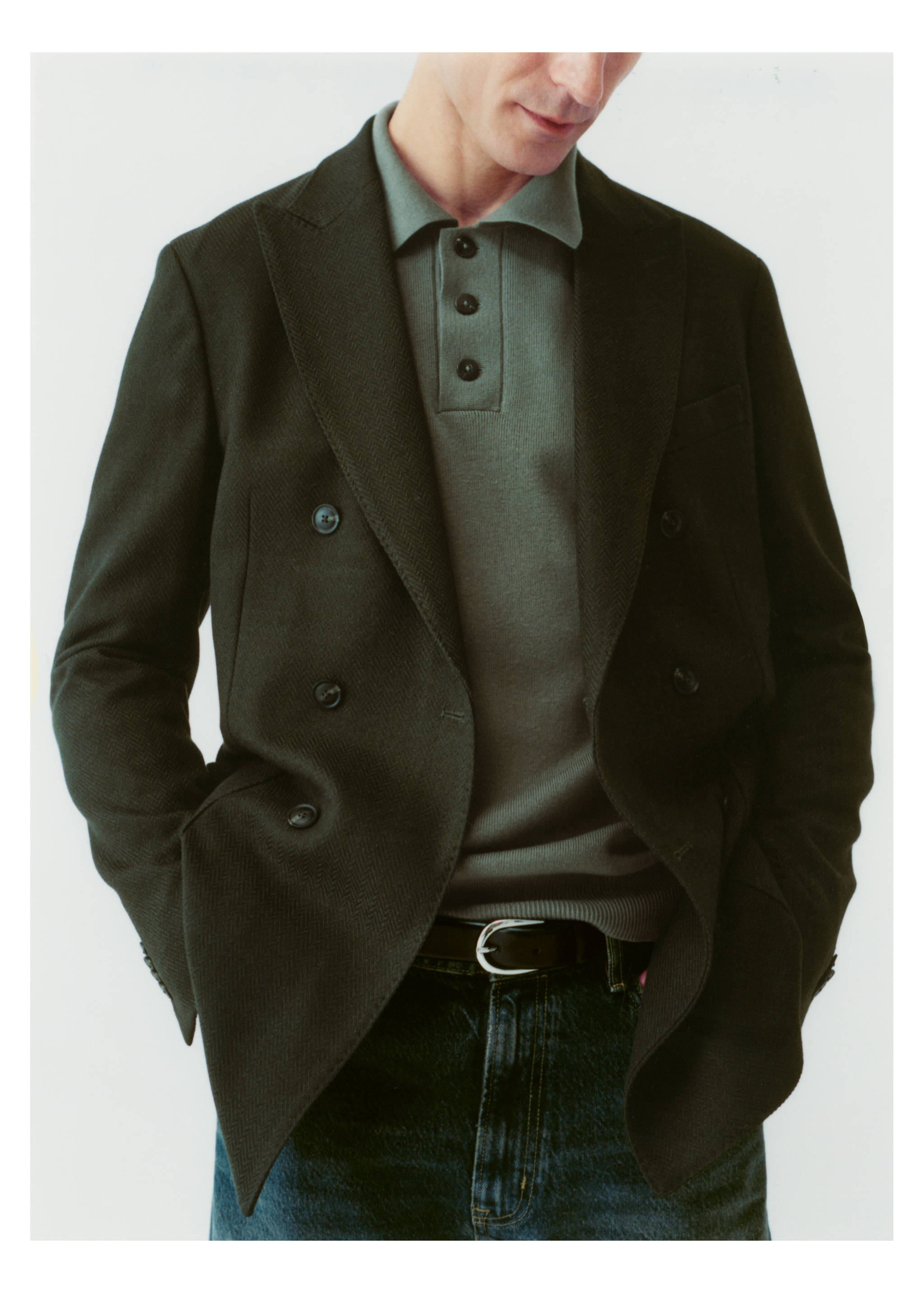 Herringbone slim-fit double-breasted jacket - Details of the article 3, Green. Ref: 77005974-00.