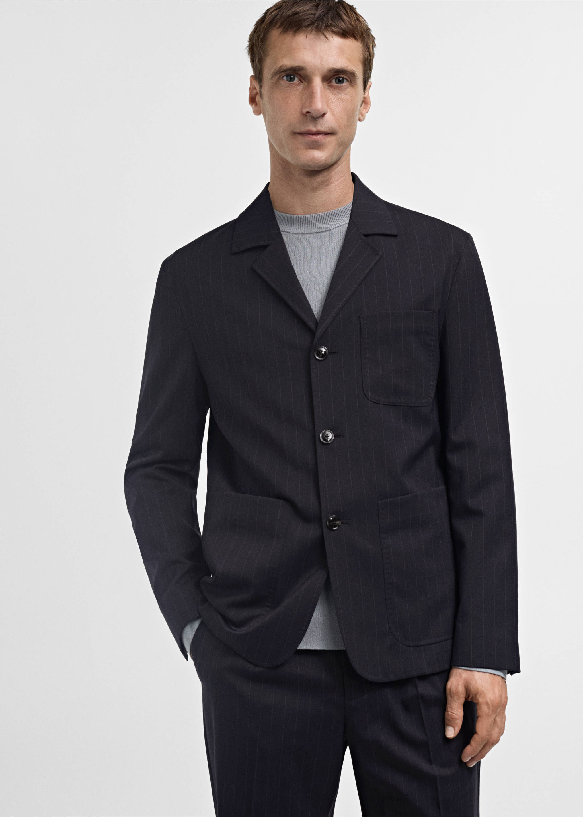 Wool-blend slim-fit suit jacket with stripes - Medium plane, Dark Navy. Ref: 77005977-00.