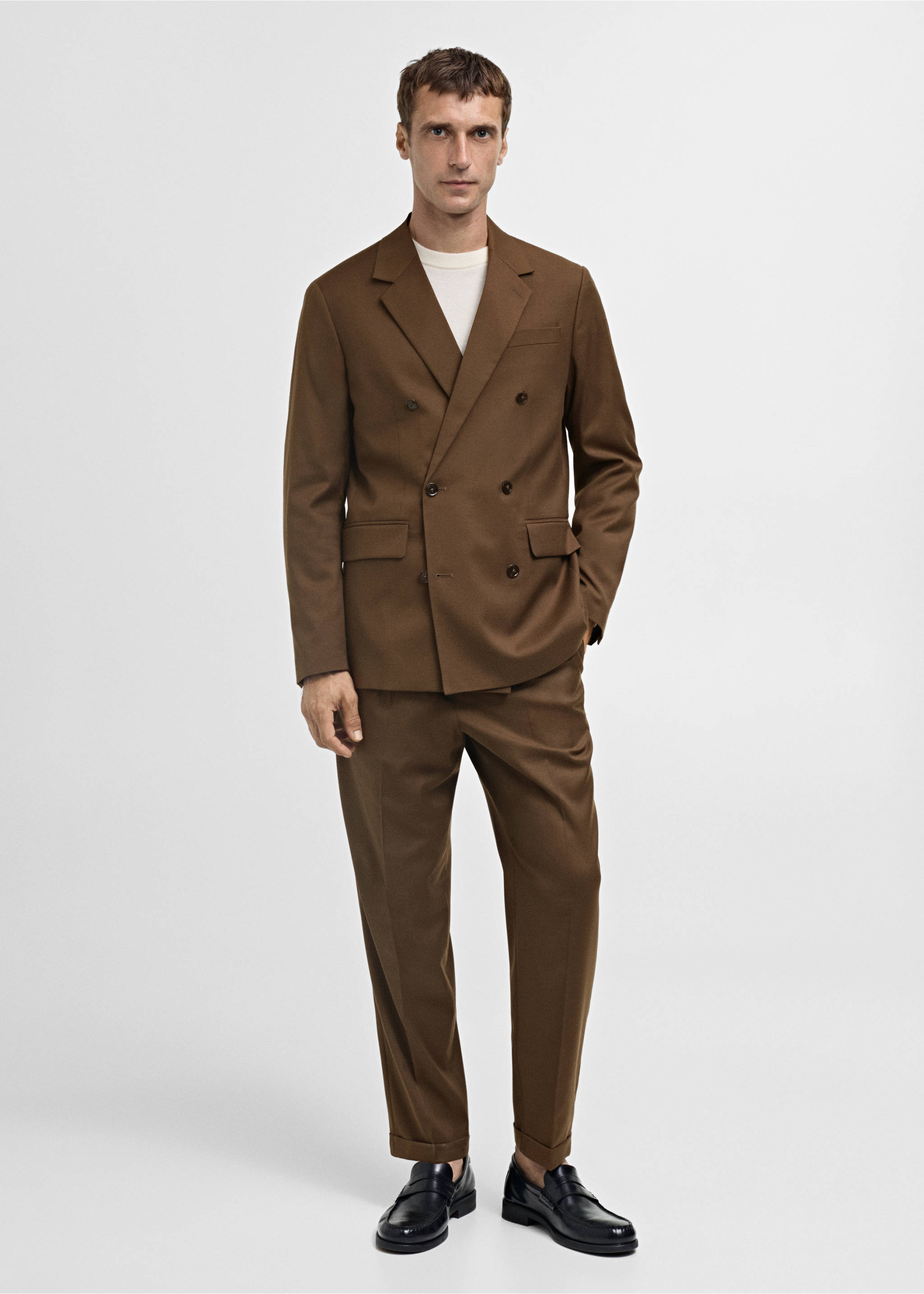 Slim-fit double-breasted suit jacket - General plane, Brown. Ref: 77005978-00.